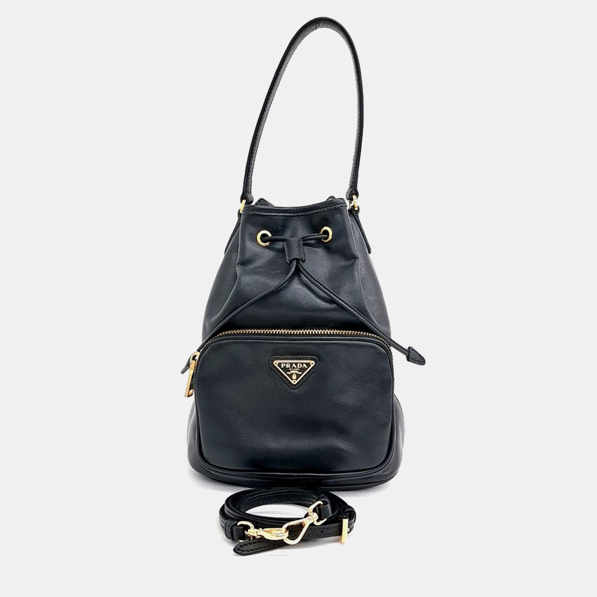 

Prada Black Leather Light Calf Bucket Tote and Crossbody Bag