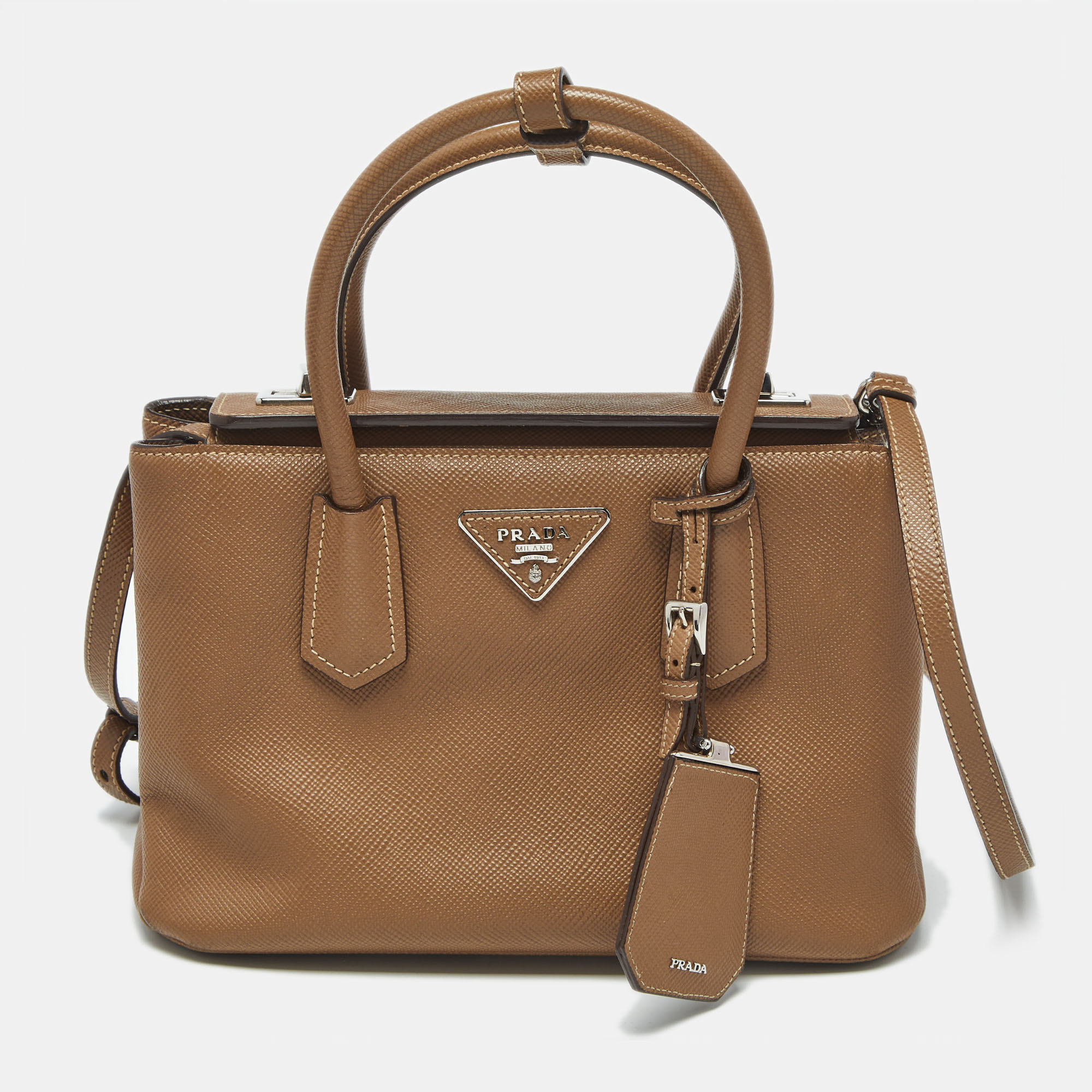 

Prada Brown Saffiano Cuir Leather Twin Turnlock Tote