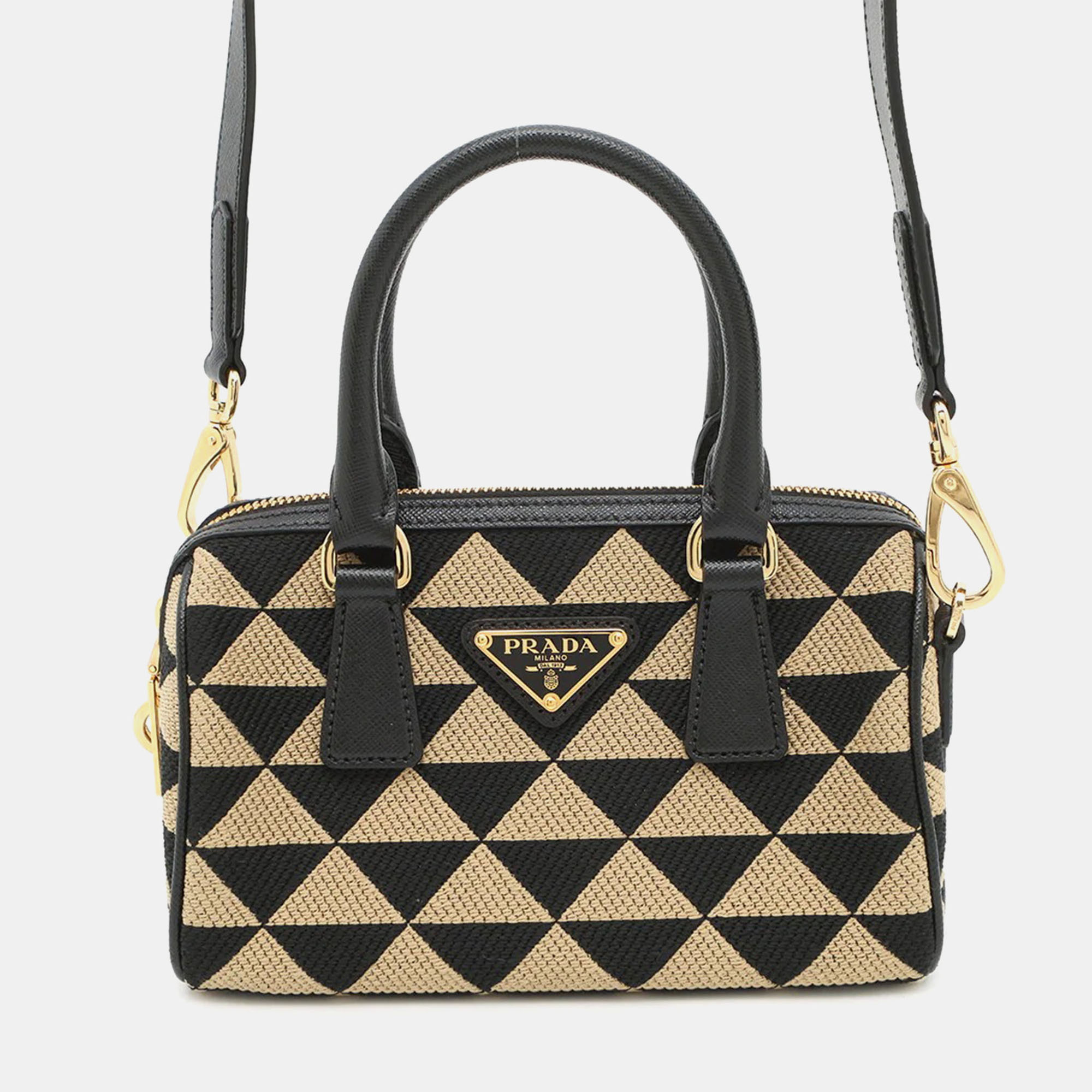 

Prada Symbol Embroidery 2Way Handbag Black/Beige1Bb846 Fabric Leather, Beige