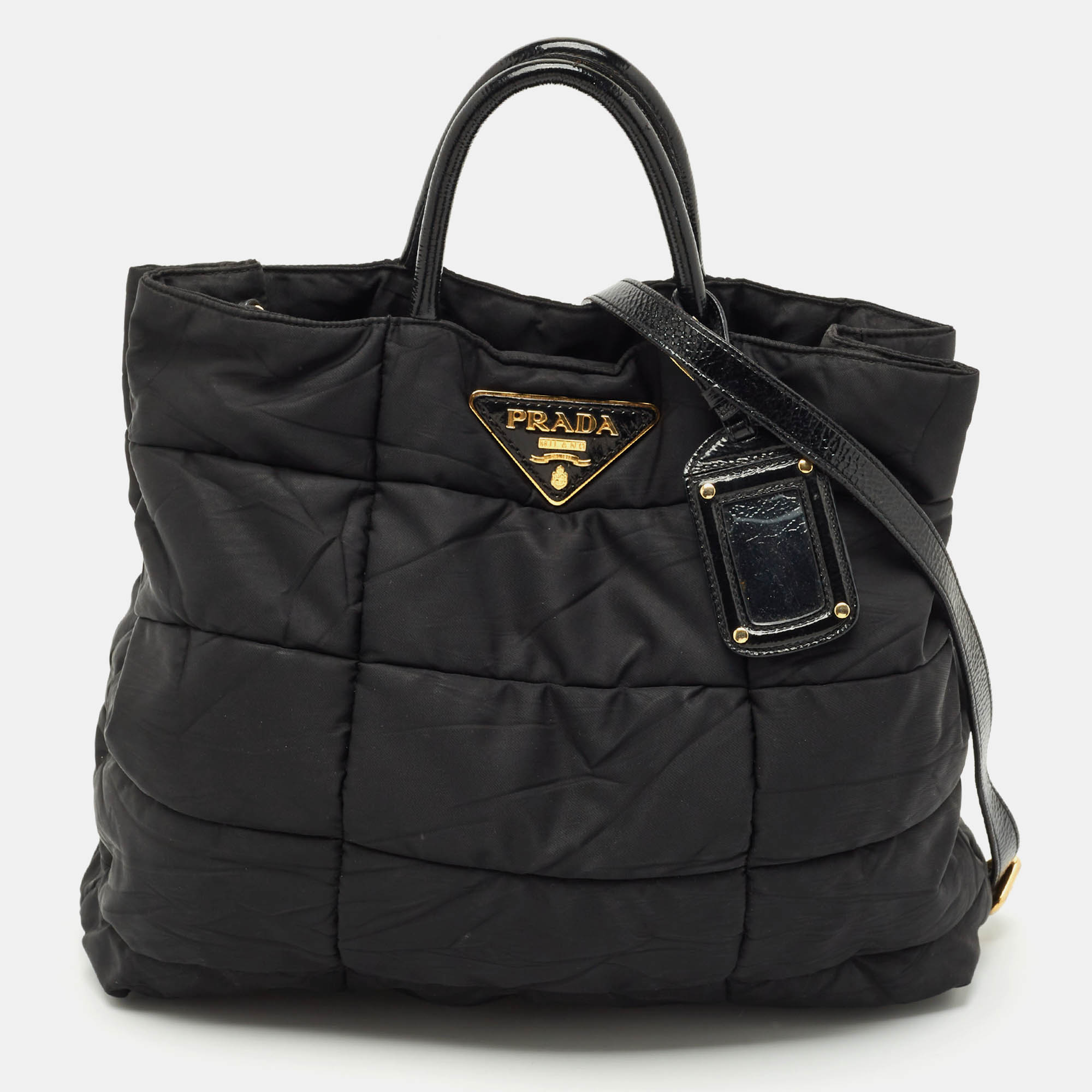 

Prada Black Quilted Nylon and Patent Leather Snap Tote