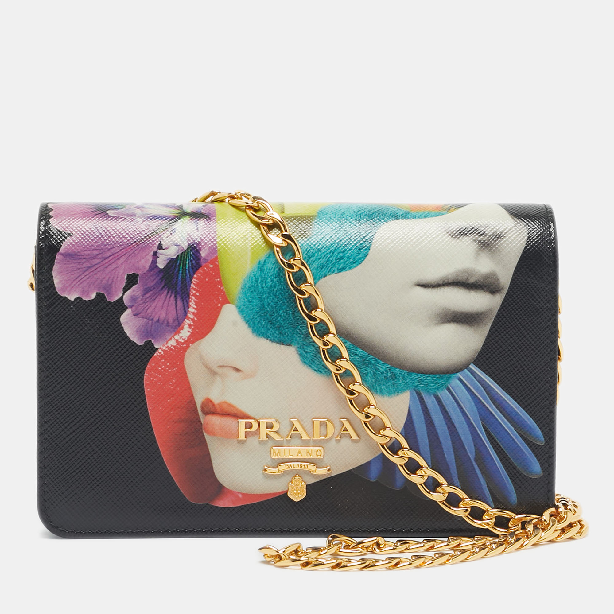 

Prada Black Saffiano Printed Faces Leather Chain Clutch