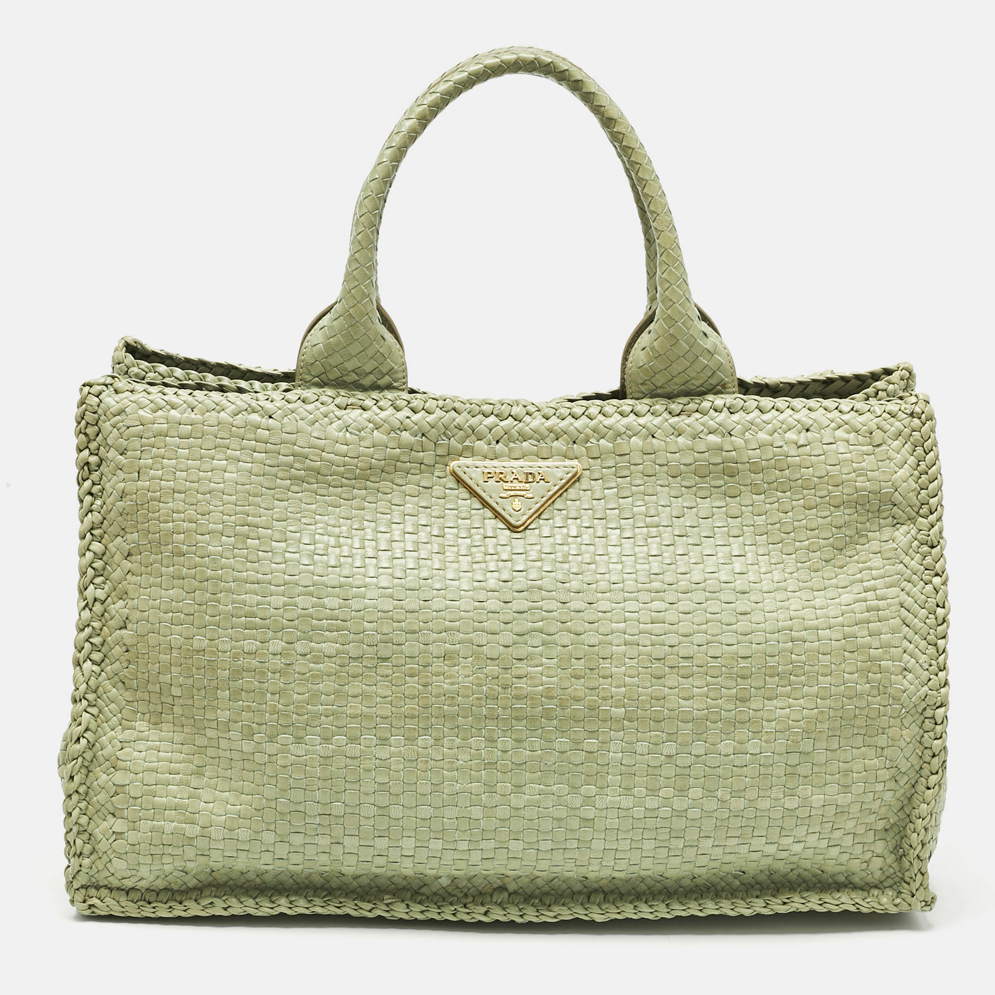 

Prada Light Green Madras Leather Woven Tote