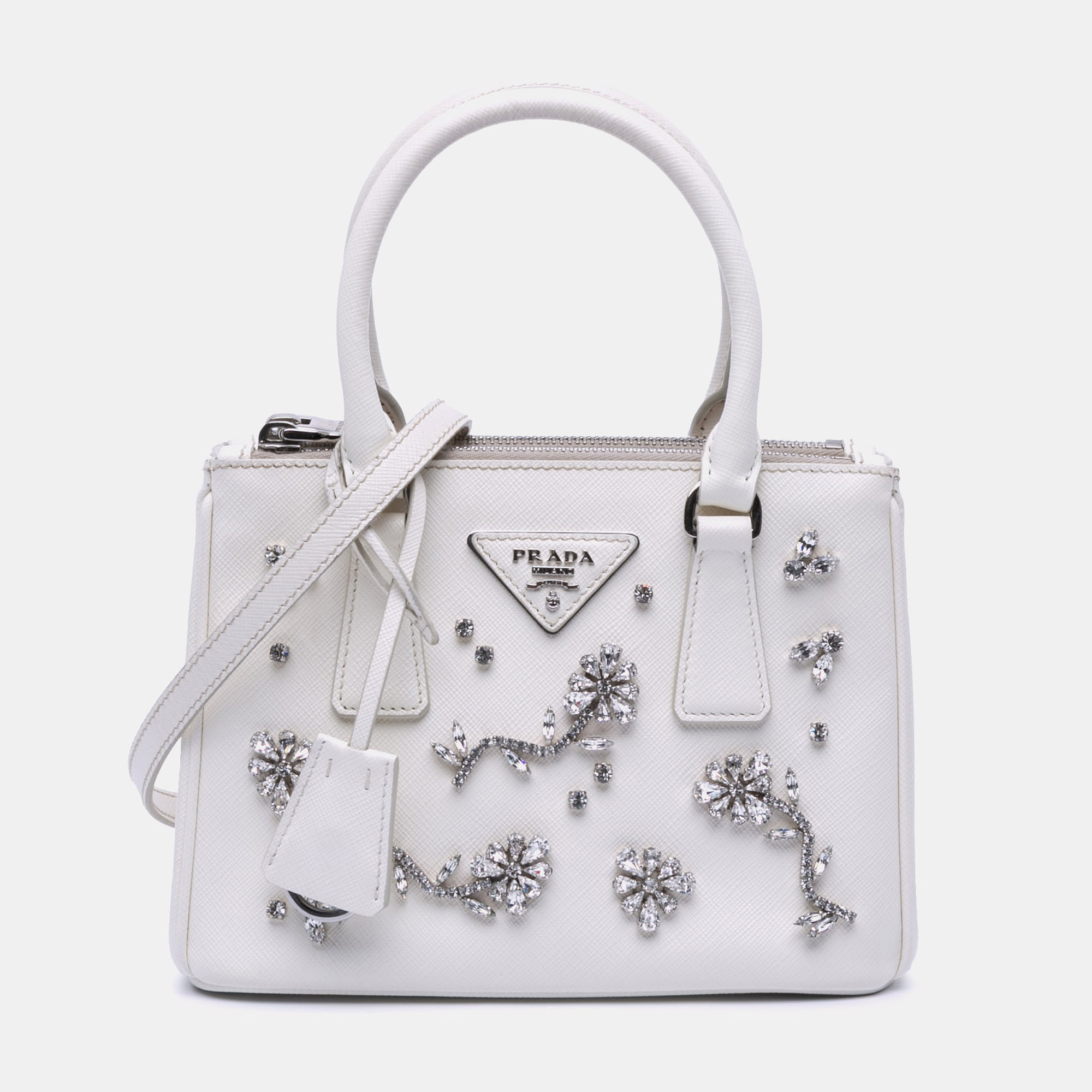 Pre-owned Prada White Mini Saffiano Lux Crystal Embellished Galleria Double Zip