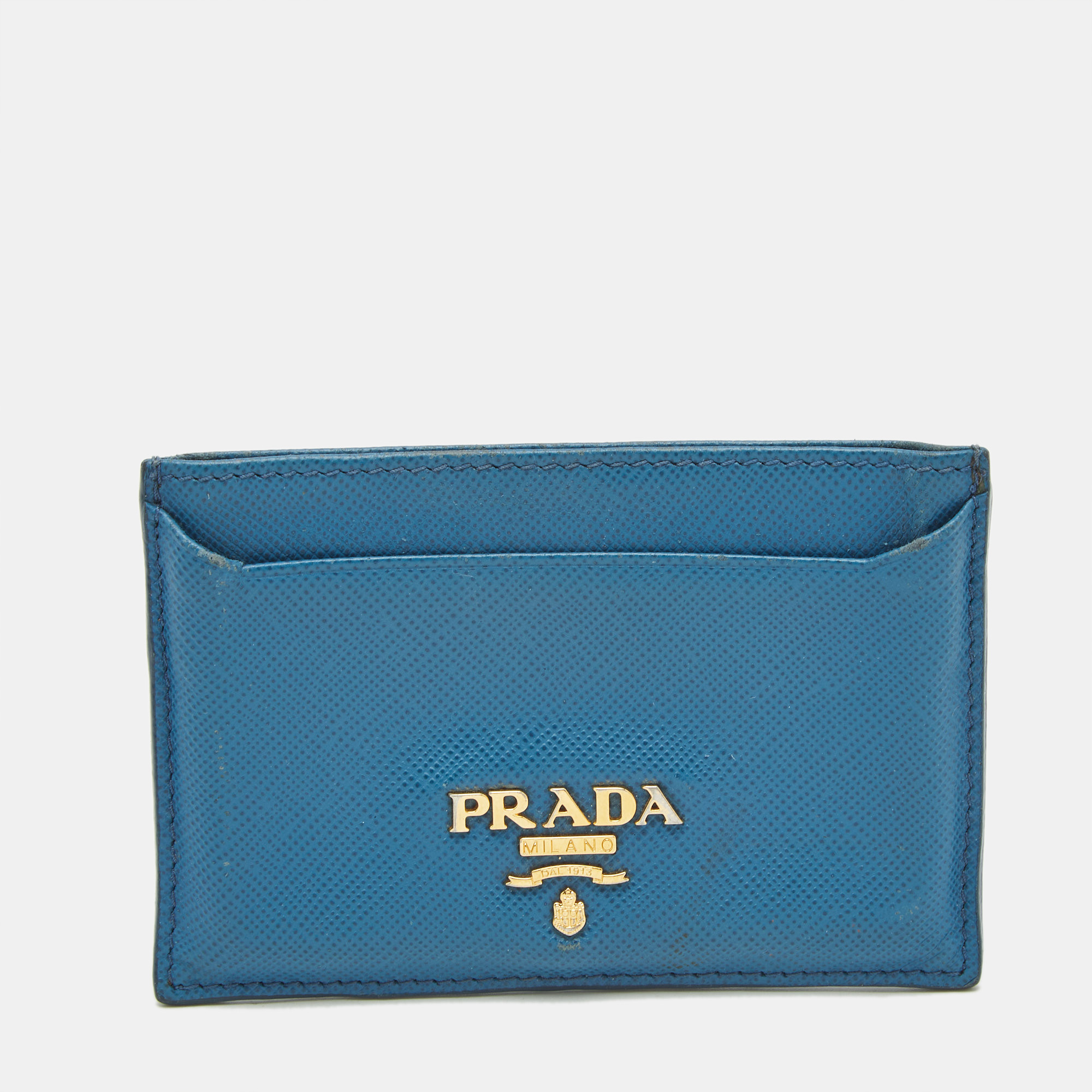 Pre-owned Prada Blue Saffiano Leather Logo Card Holder