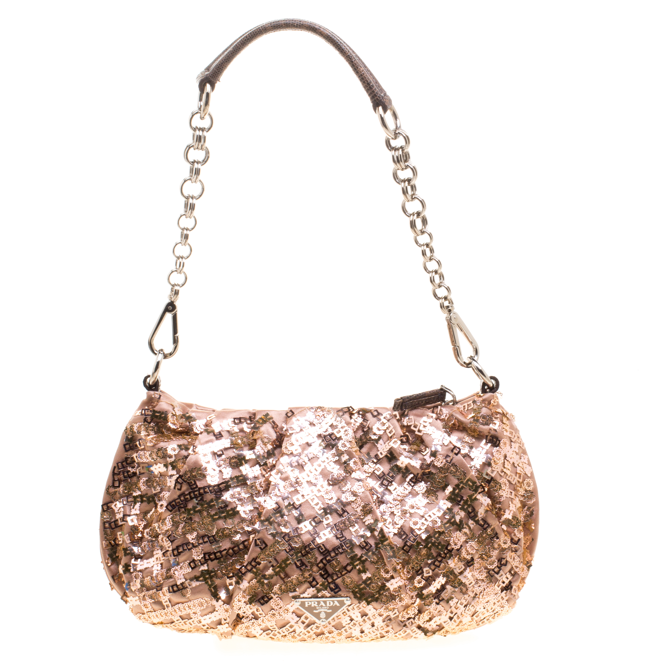 Prada Blush Pink Bronze Satin Sequin Embellished Shoulder Bag