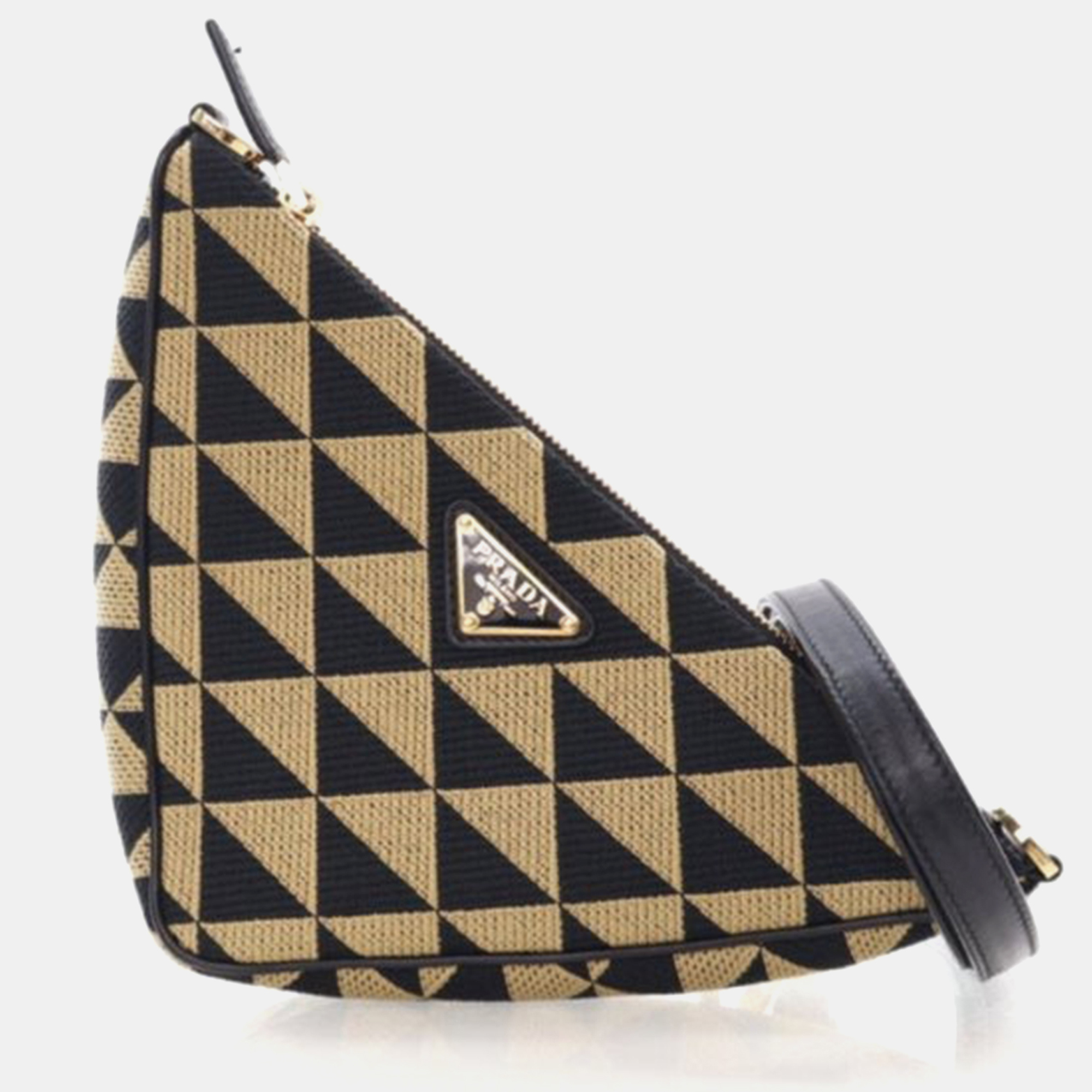 Pre-owned Prada Mini Embroidered Symbole Triangle Bag In Sand