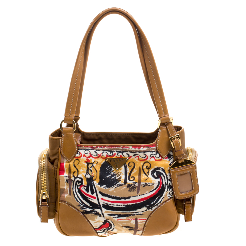Pre Owned Prada Brown Leather and Printed Nylon Side Pocket Shoulder Bag