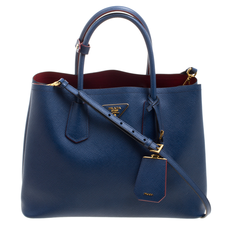 Pre Owned Prada Blue Saffiano Cuir Leather Double Handle Tote