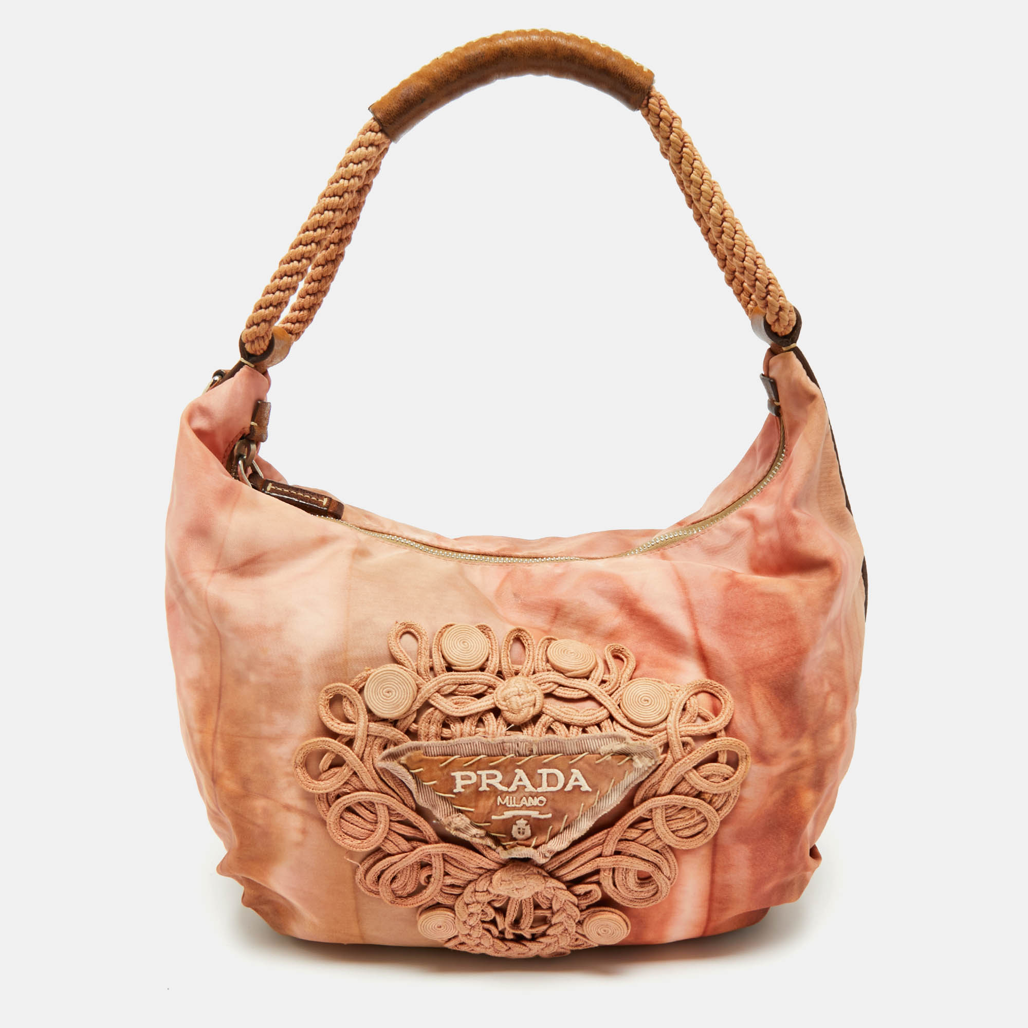 

Prada Orange/Brown Leather and Nylon Logo Tie Dye Hobo