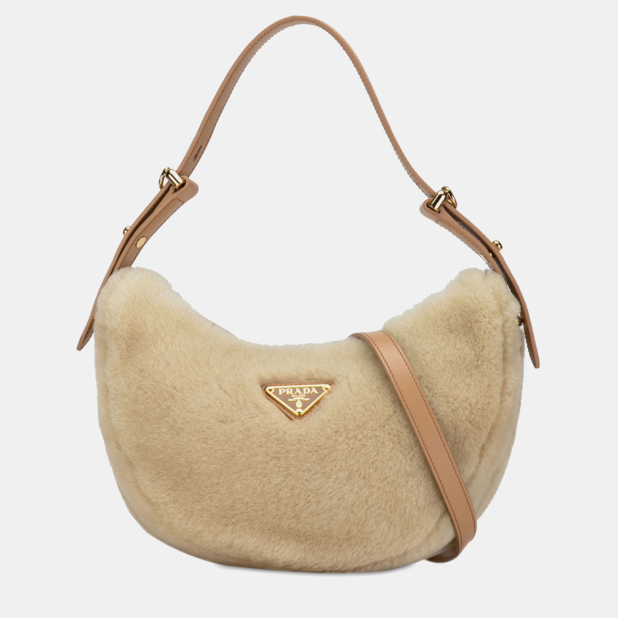 

Prada Beige Brown Shearling and Leather Arqué Satchel