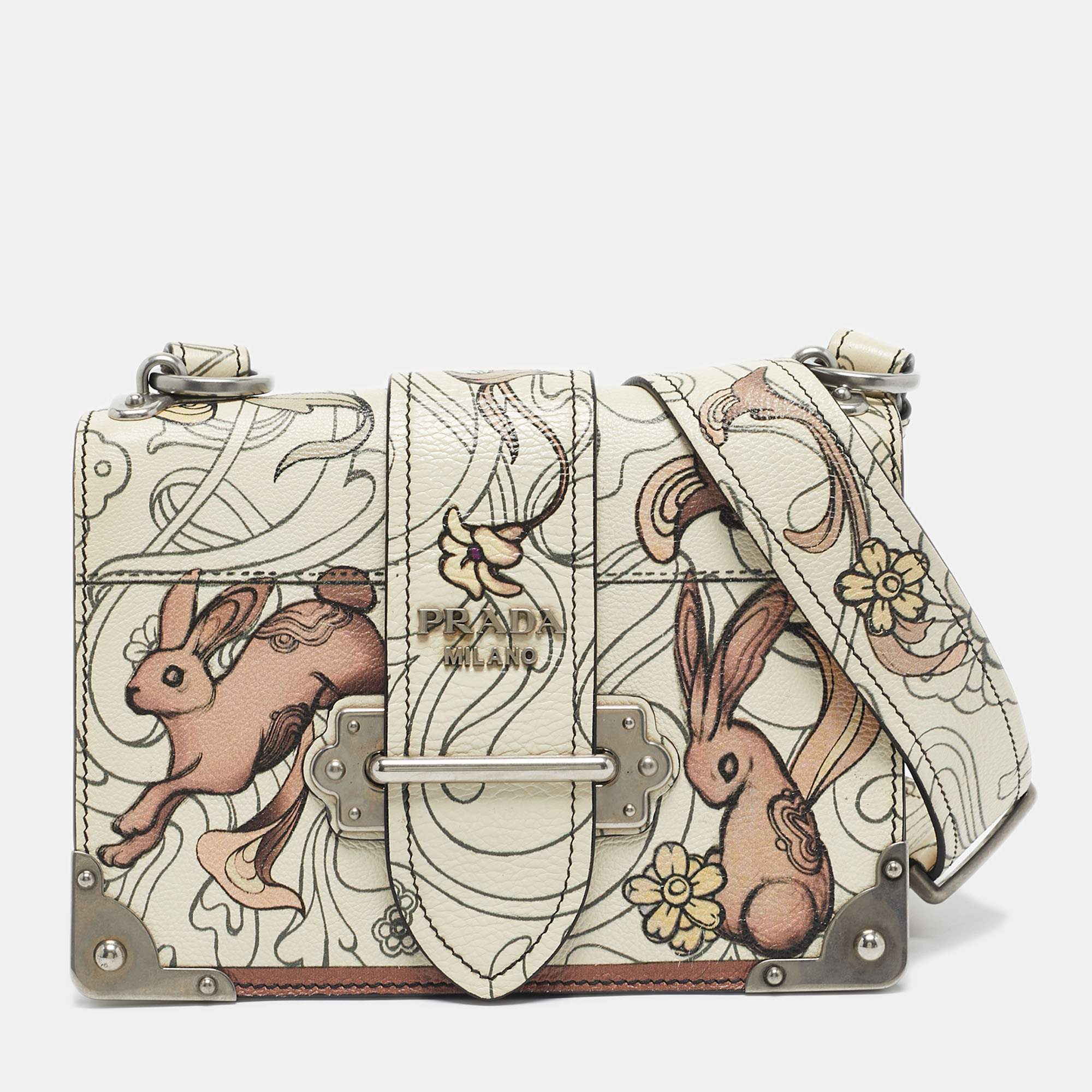 

Prada x James Jean Off White Glace Calf Rabbit Print Leather Cahier Shoulder Bag