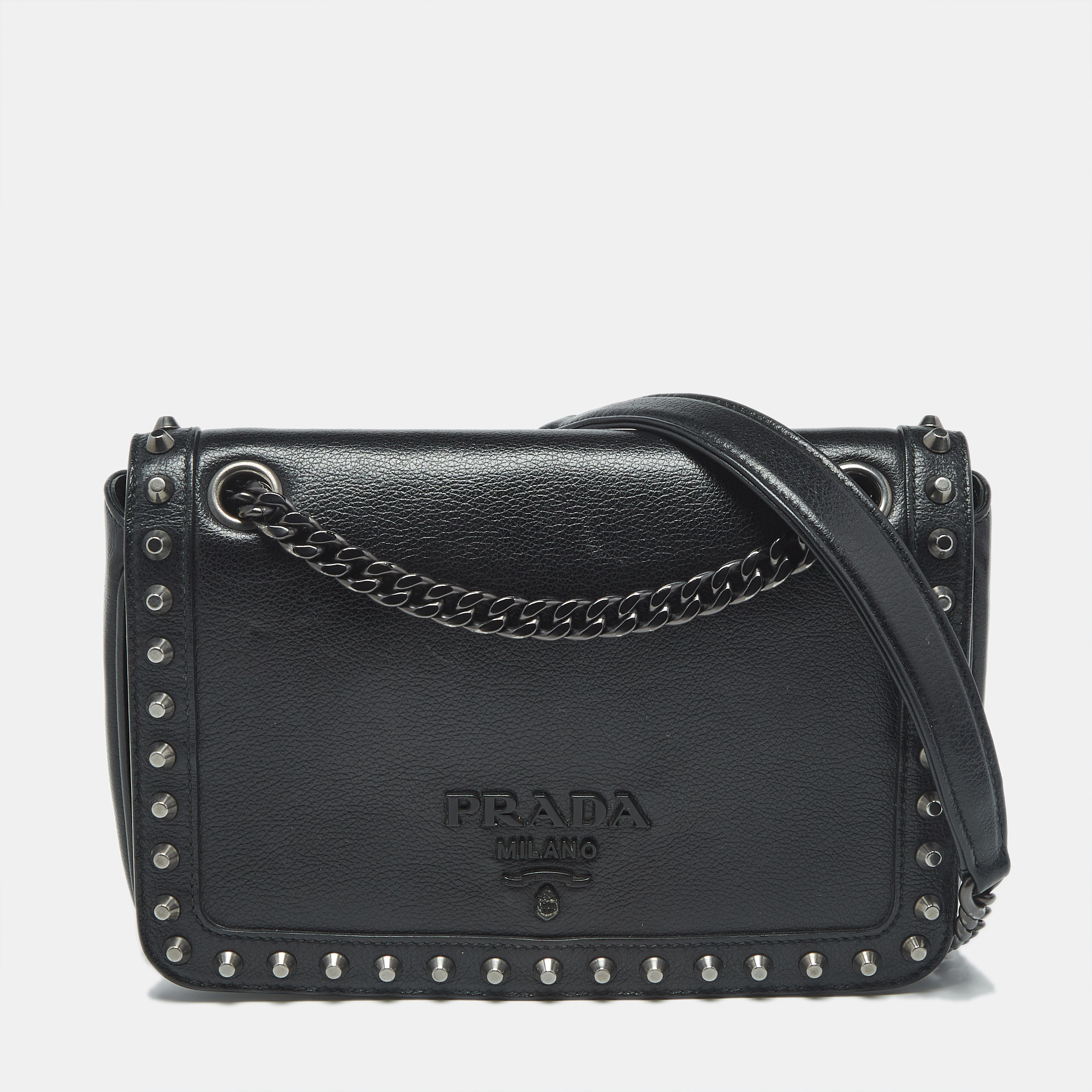 

Prada Black Glace Calf Leather Studded Flap Crossbody Bag