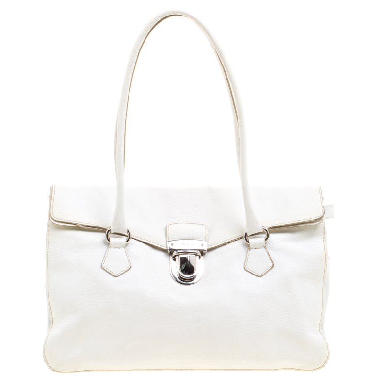 Prada White Leather Foldover Pushlock Shoulder Bag