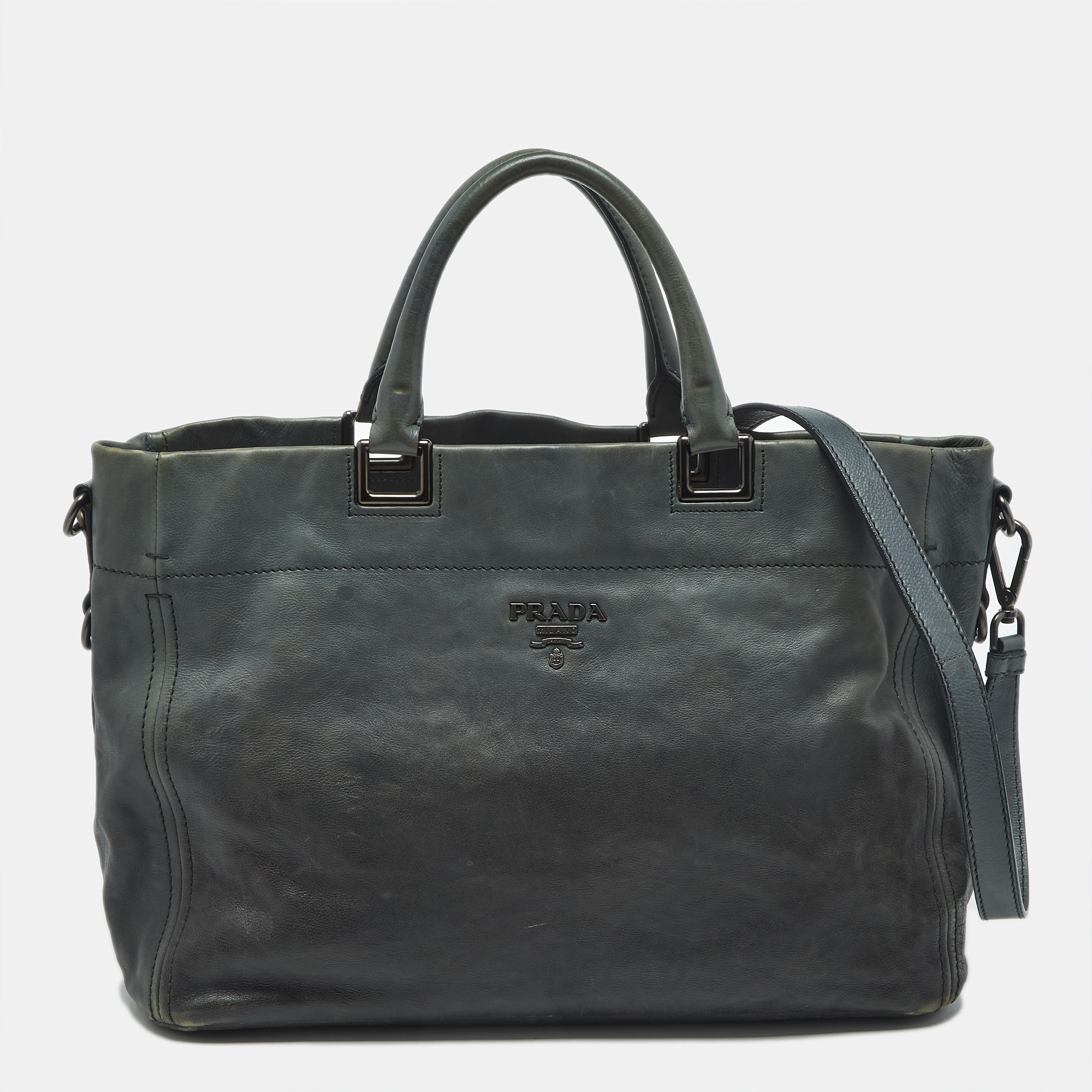 

Prada Ombre Teal Leather Snap Tote, Green