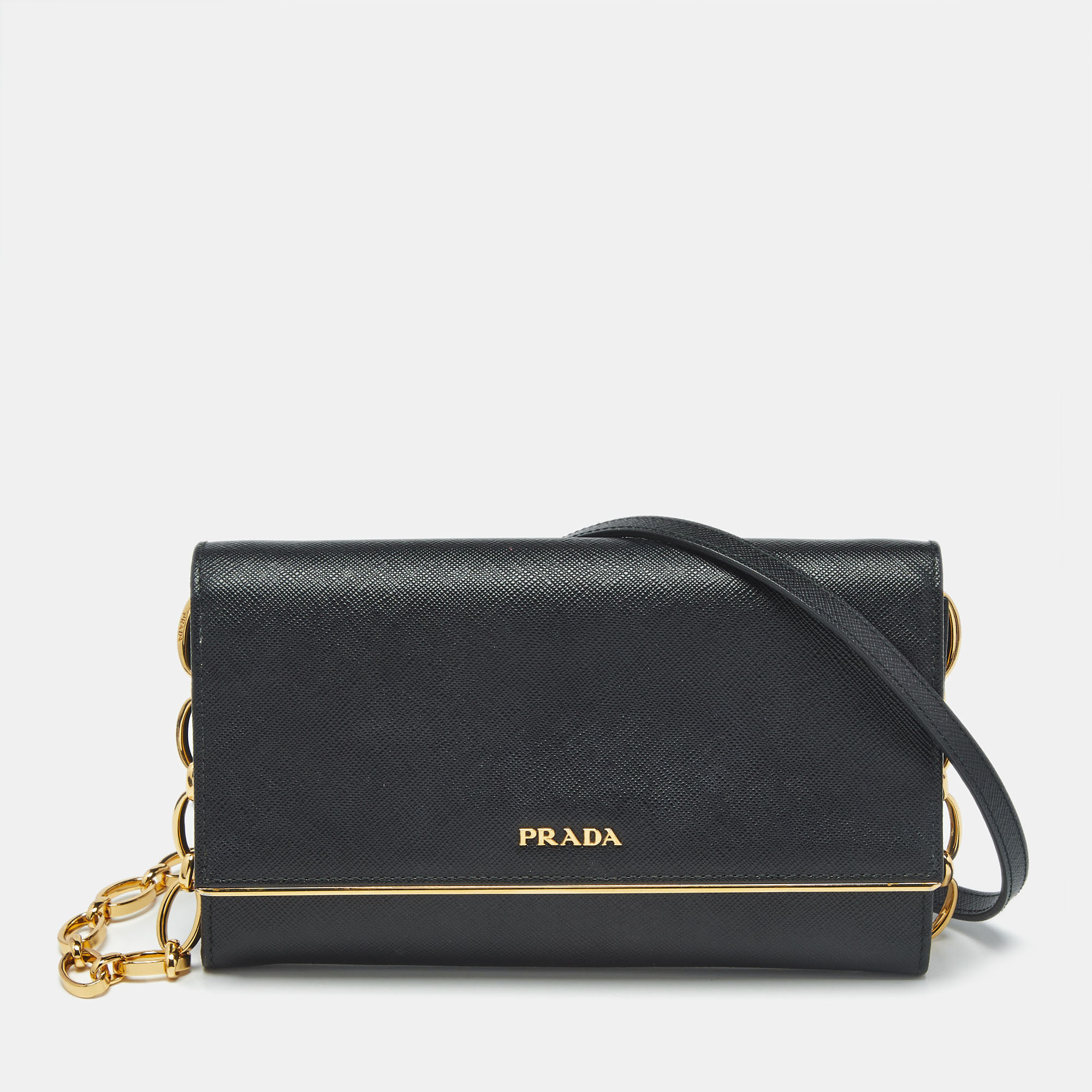 

Prada Black Saffiano Lux Leather Metal Bar Flap Clutch