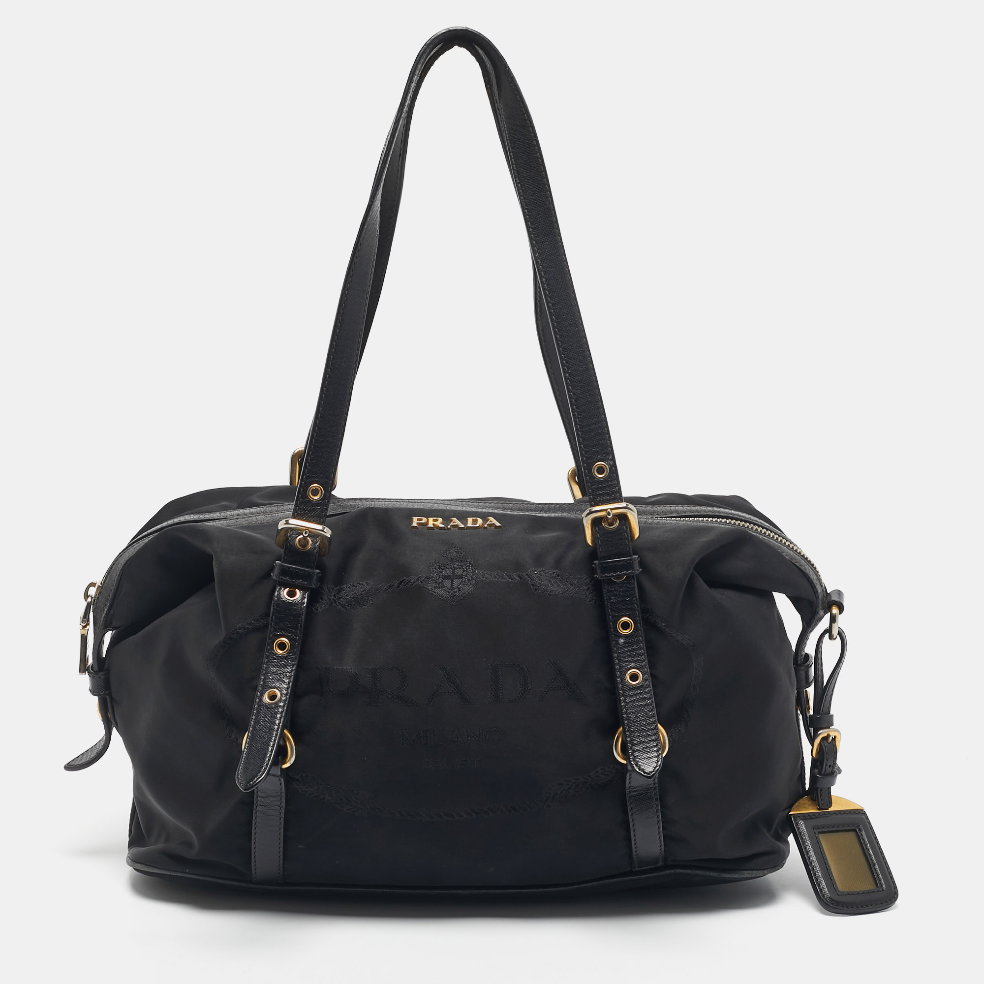 

Prada Black Leather and Nylon Logo Buckle Satchel