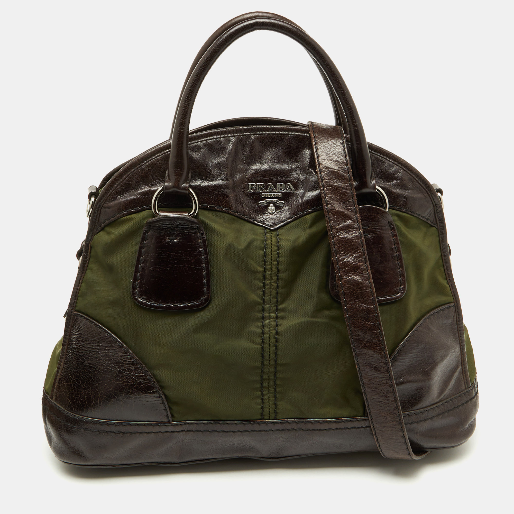 Pre-owned Prada Olive Green/dark Brown Nylon And Leather Bauletto Bowler Bag
