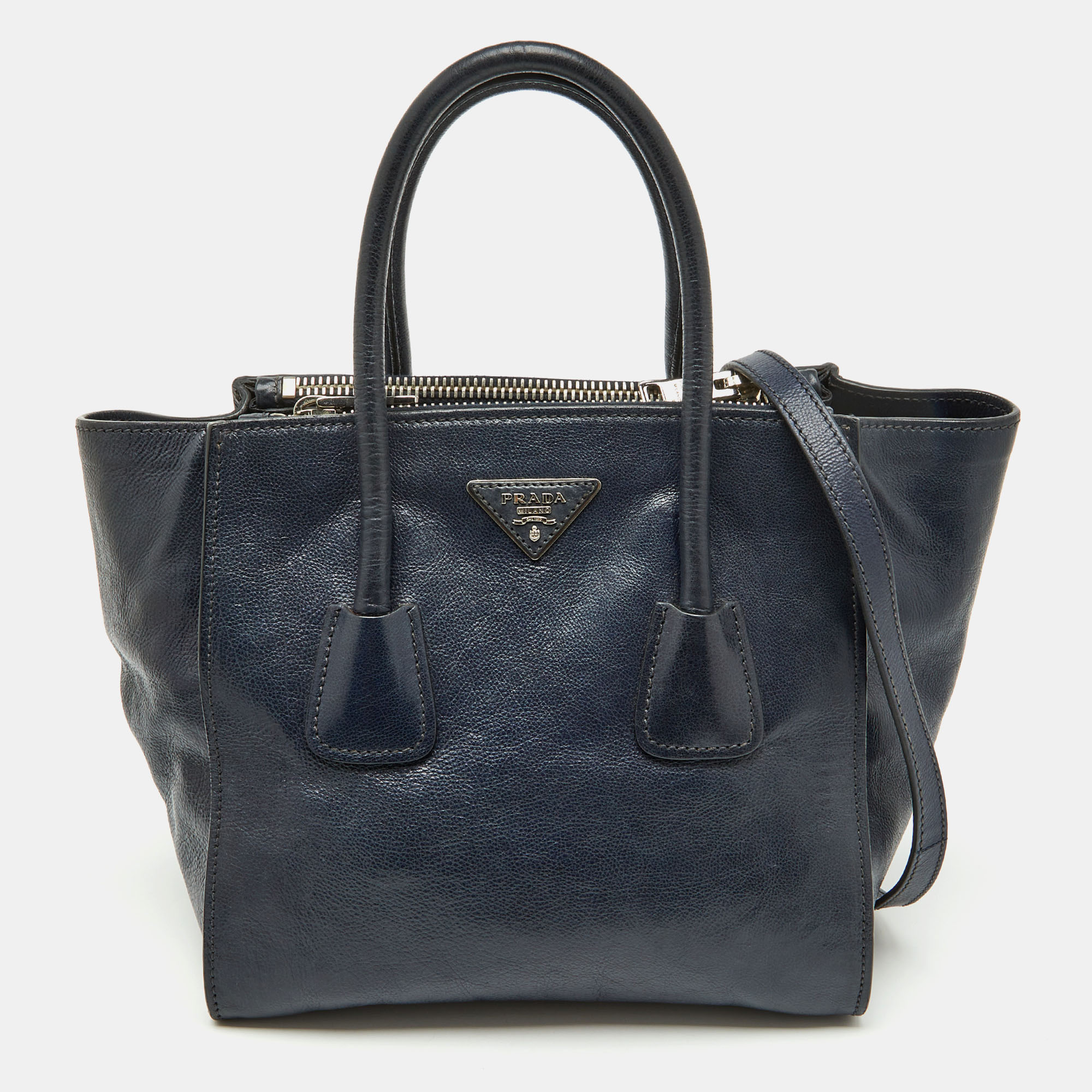 

Prada Navy Blue Leather Small Twin Pocket Tote