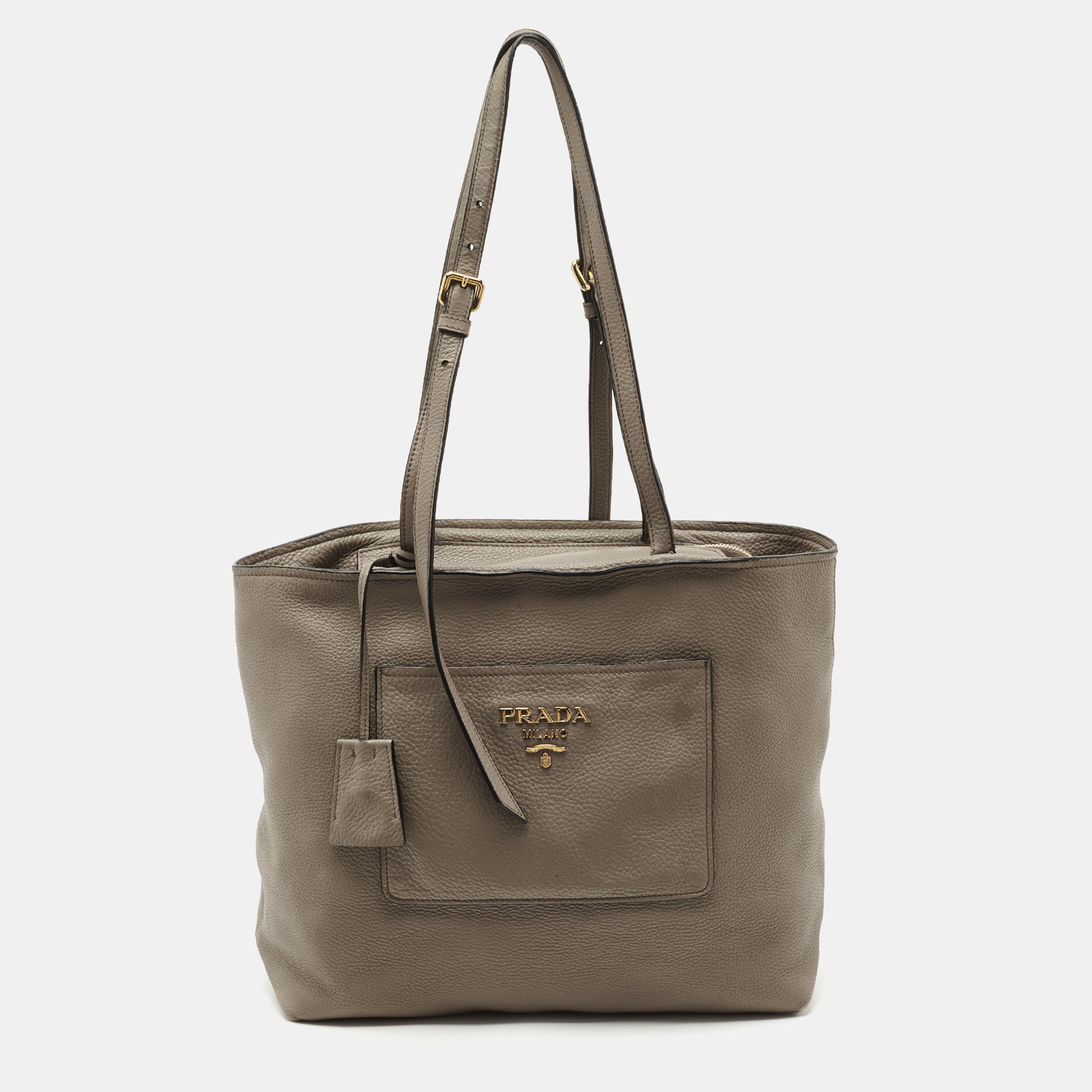 Pre-owned Prada Grey Vitello Daino Leather Zip Tote In Gray