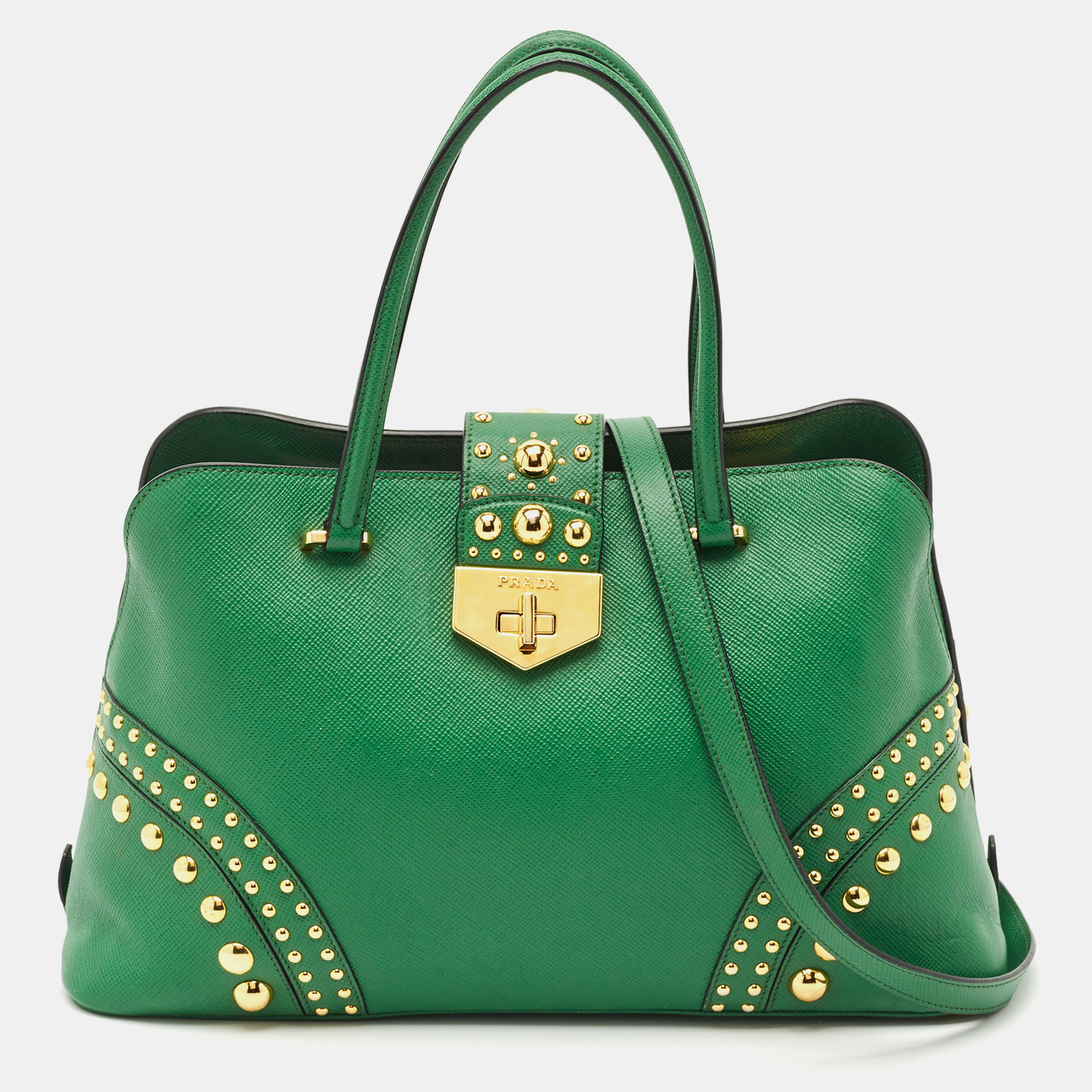

Prada Green Saffiano Leather Promenade Studded Satchel