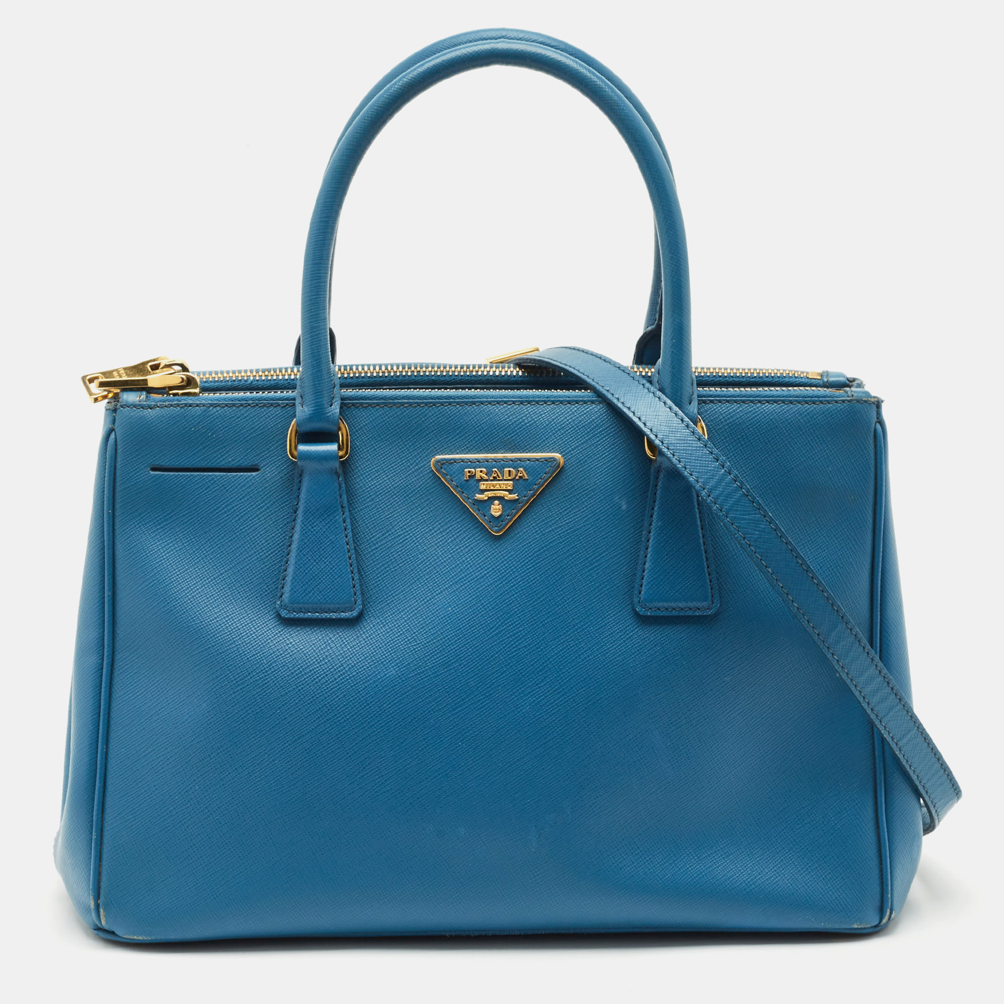 Pre-owned Prada Light Blue Saffiano Lux Leather Small Galleria Double Zip Tote
