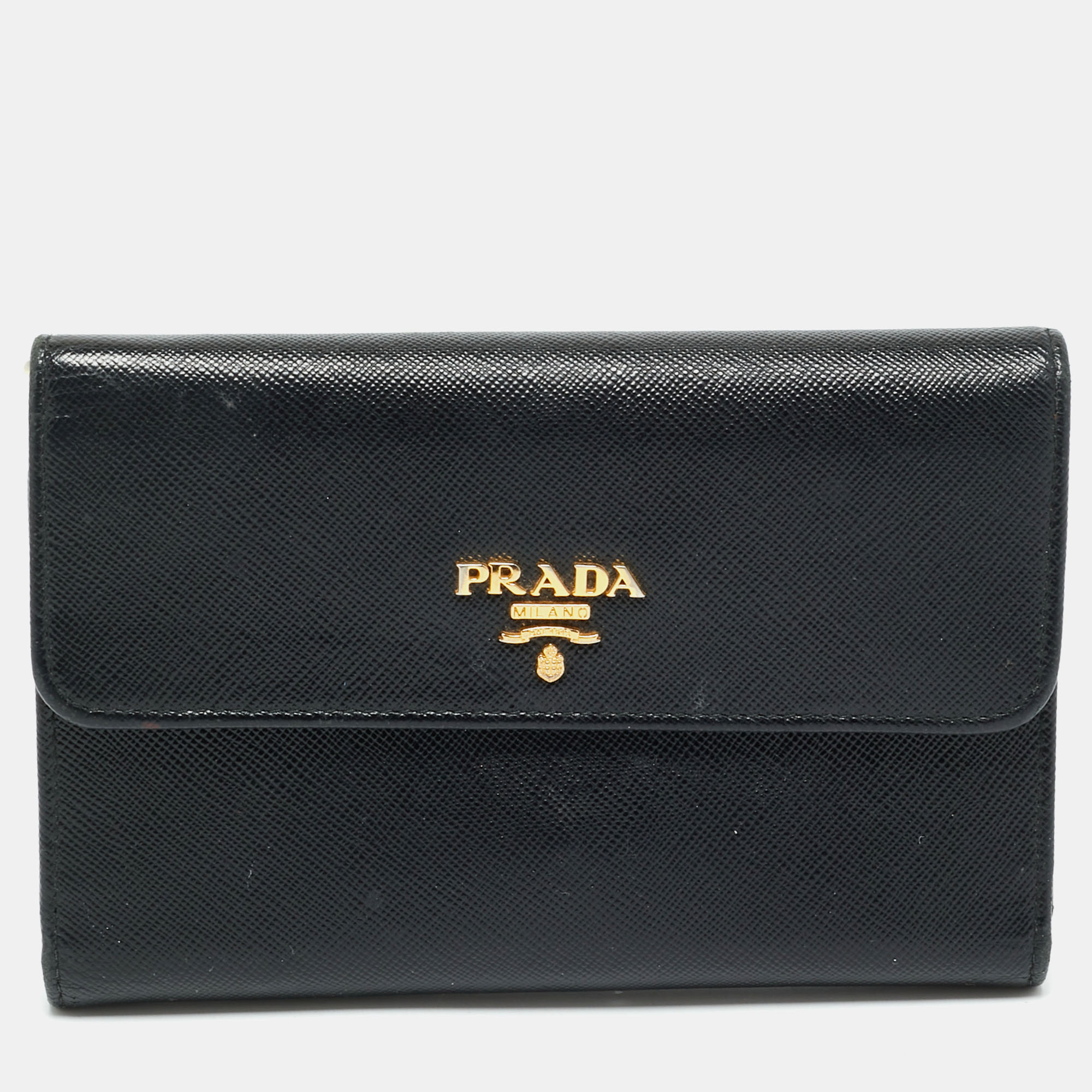 

Prada Black Saffiano Lux Leather Logo Trifold Wallet