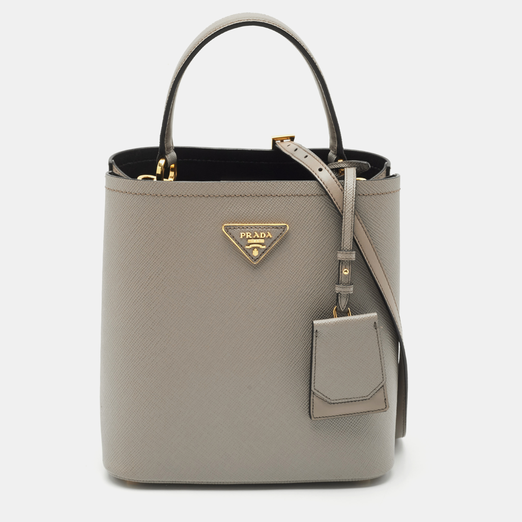 

Prada Grey Saffiano Cuir Leather Medium Panier Top Handle Bag