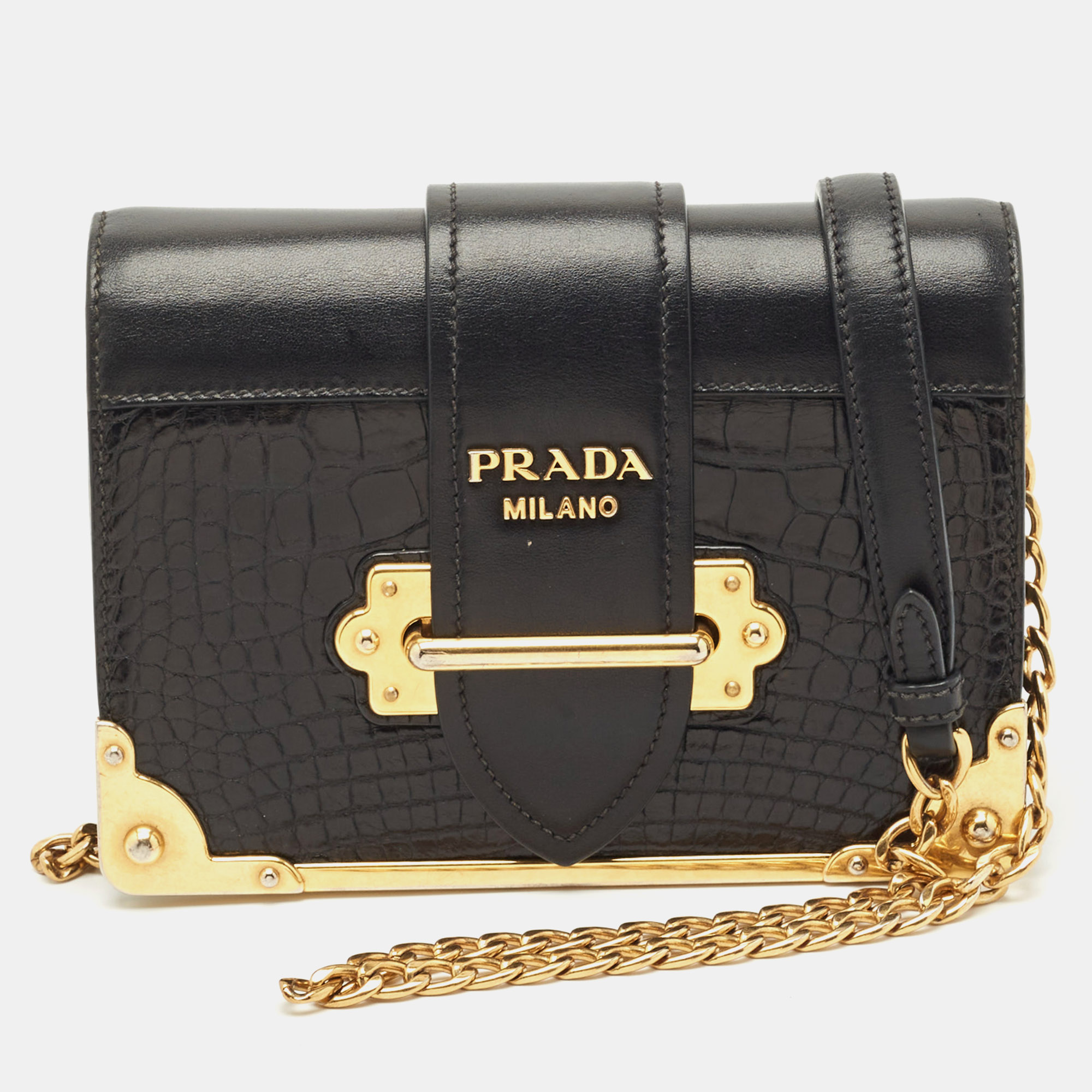 Pre-owned Prada Black Crocodile And Leather Cahier Chain Clutch