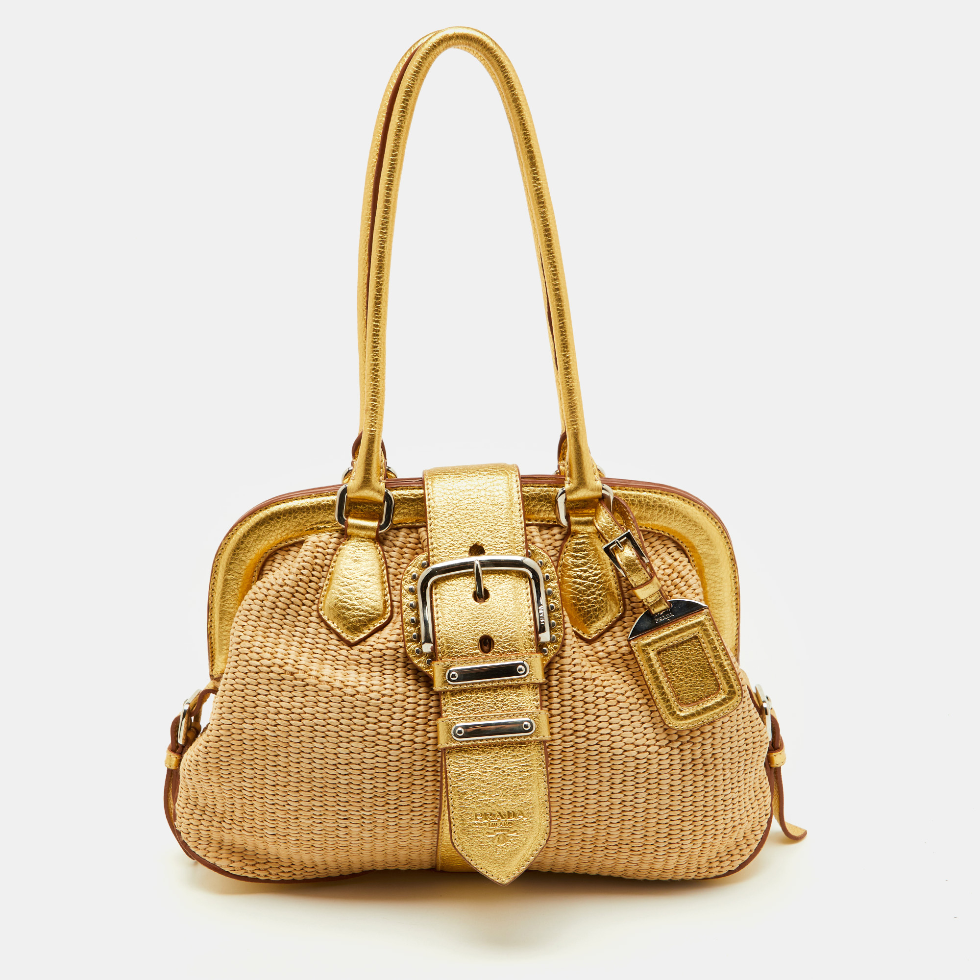 

Prada Beige/Gold Woven Raffia and Leather Satchel