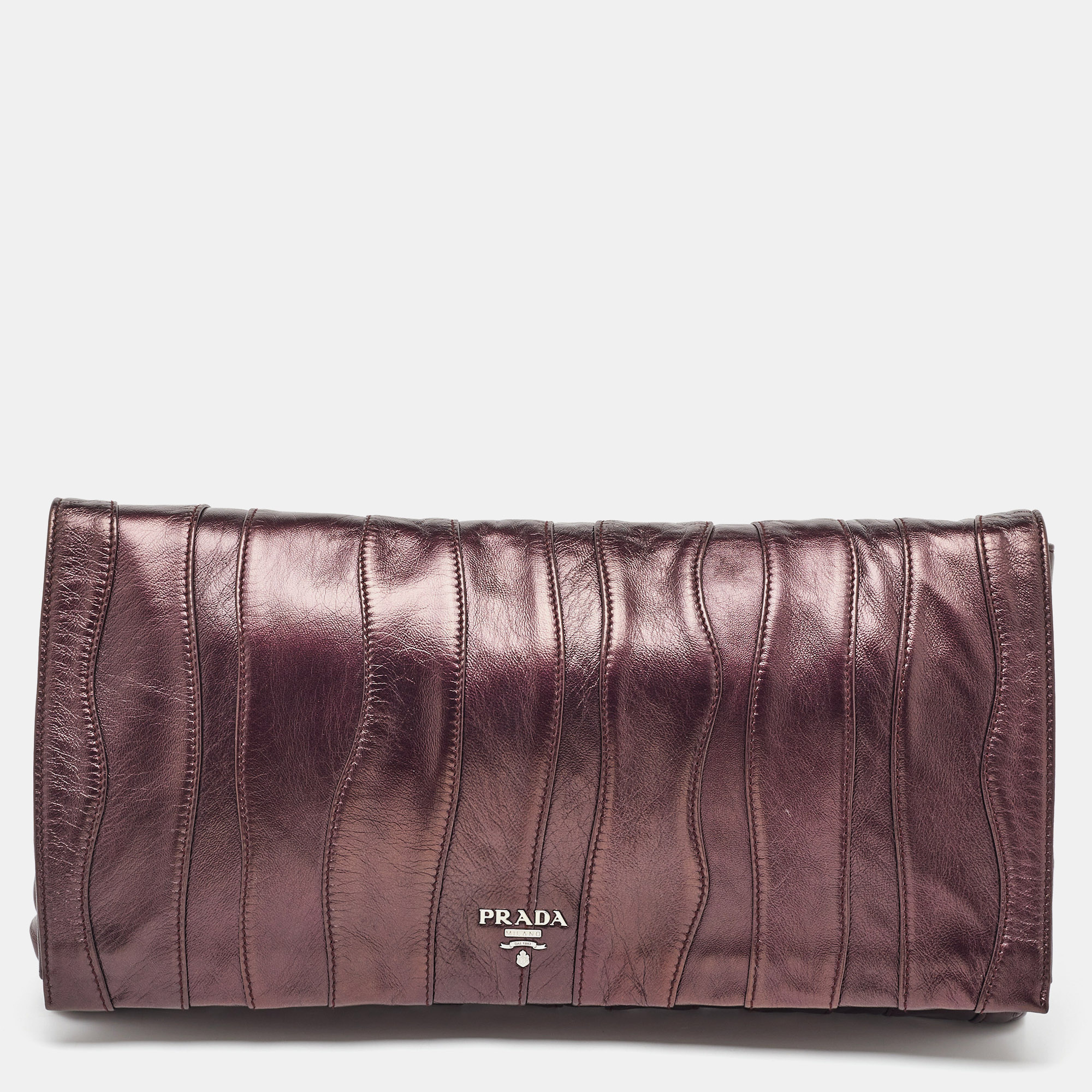 

Prada Metallic Leather Stitch Detail Logo Flap Clutch