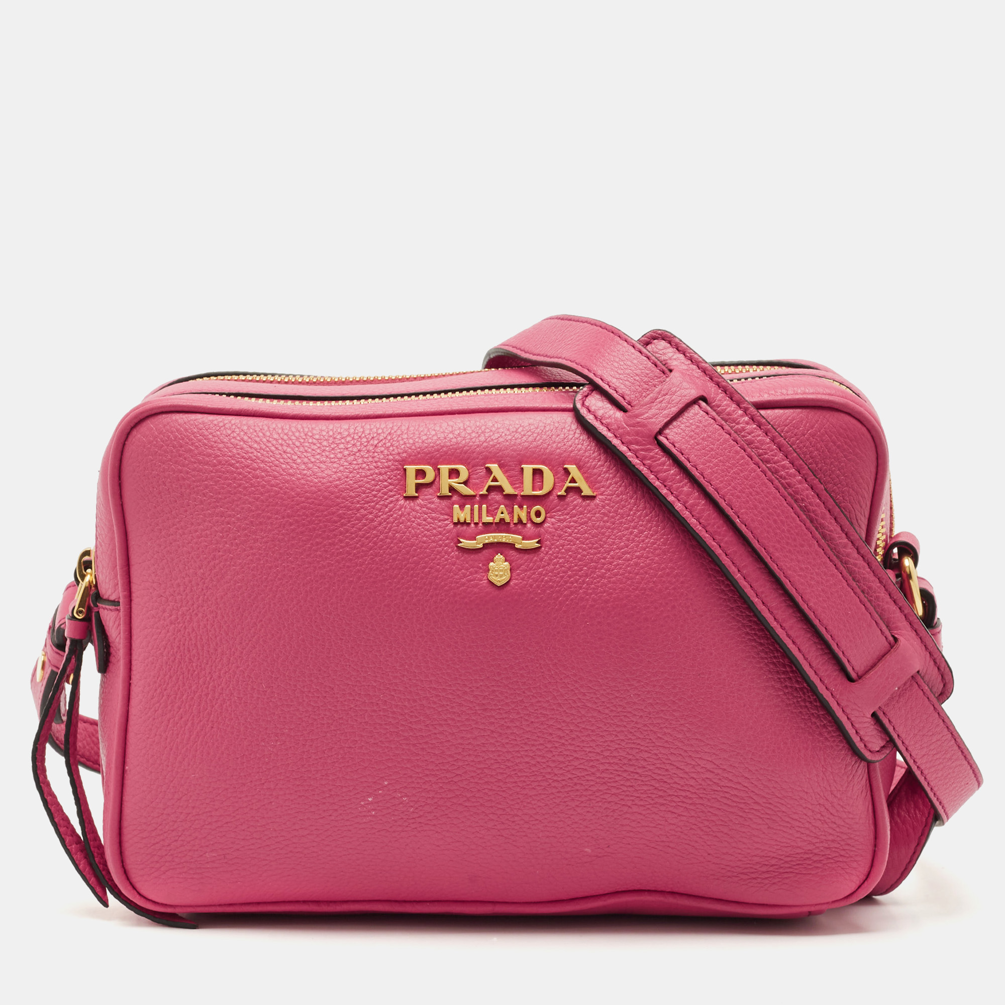 

Prada Fuchsia Vitello Daino Leather Double Zip Camera Bag, Pink