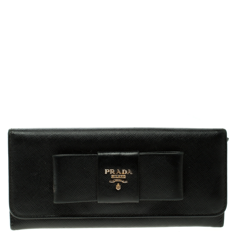 Prada Black Saffiano Fiocco Leather Bow Continental Wallet