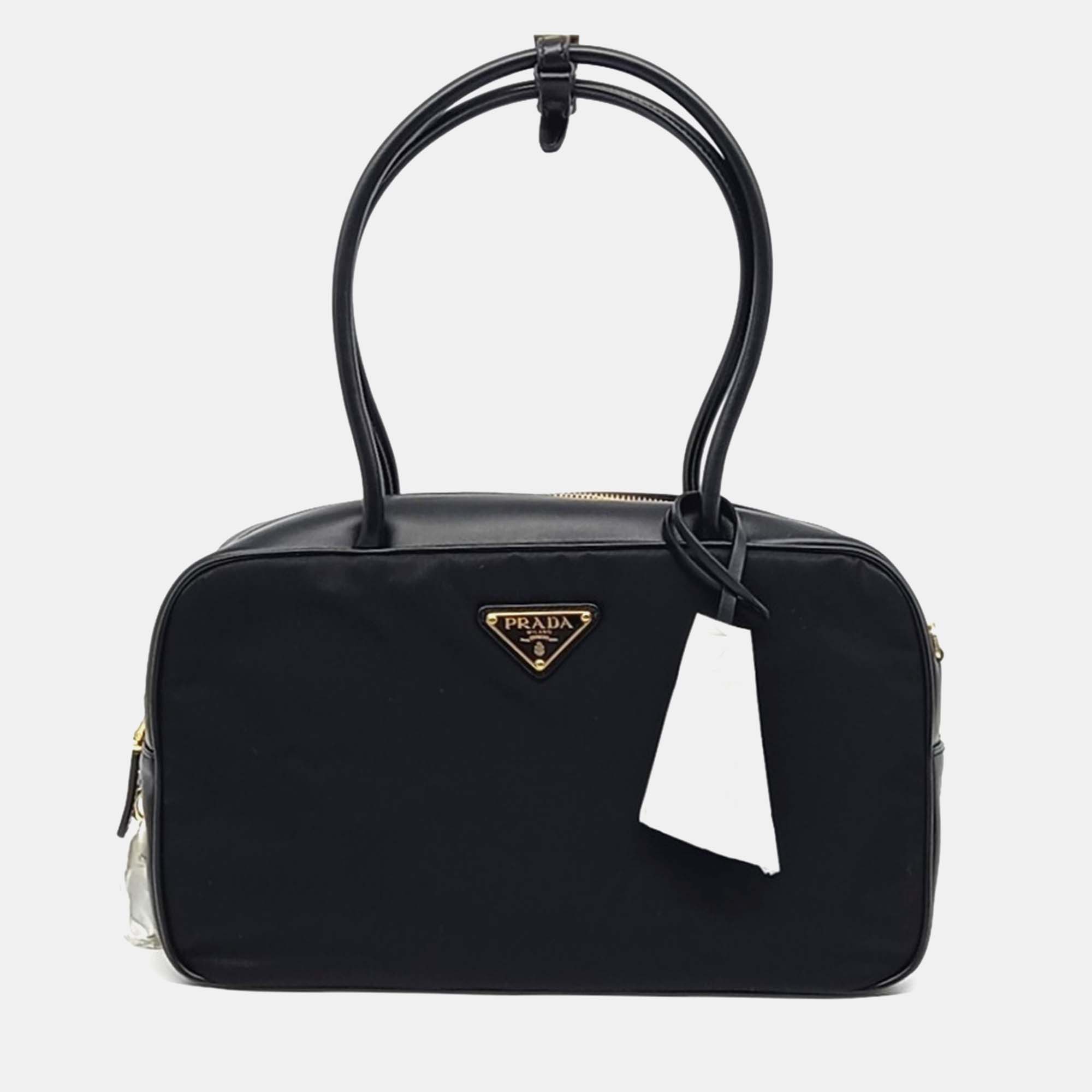 Pre-owned Prada Black Leather Re-nylon Vitello Shoulder Bag