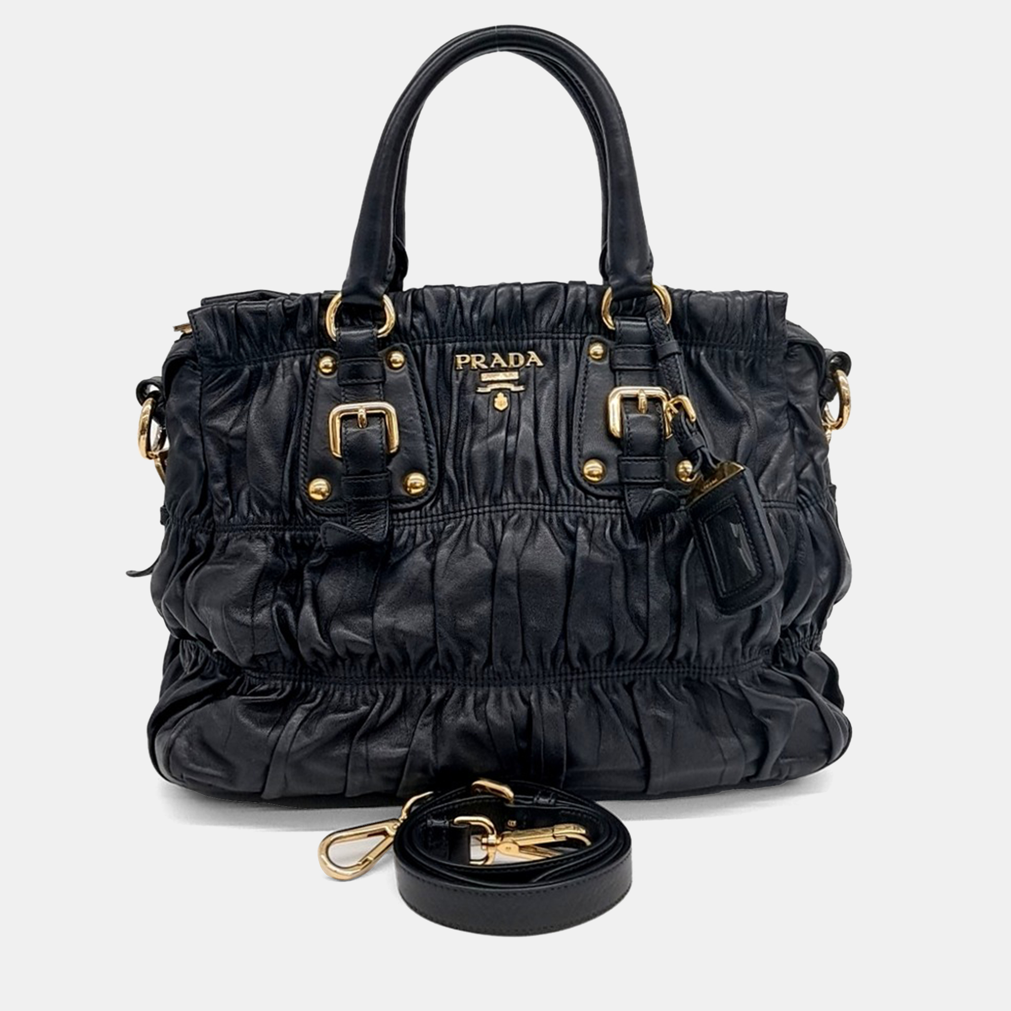 Pre-owned Prada Black Leather Gaufre Tote And Shoulder Bag