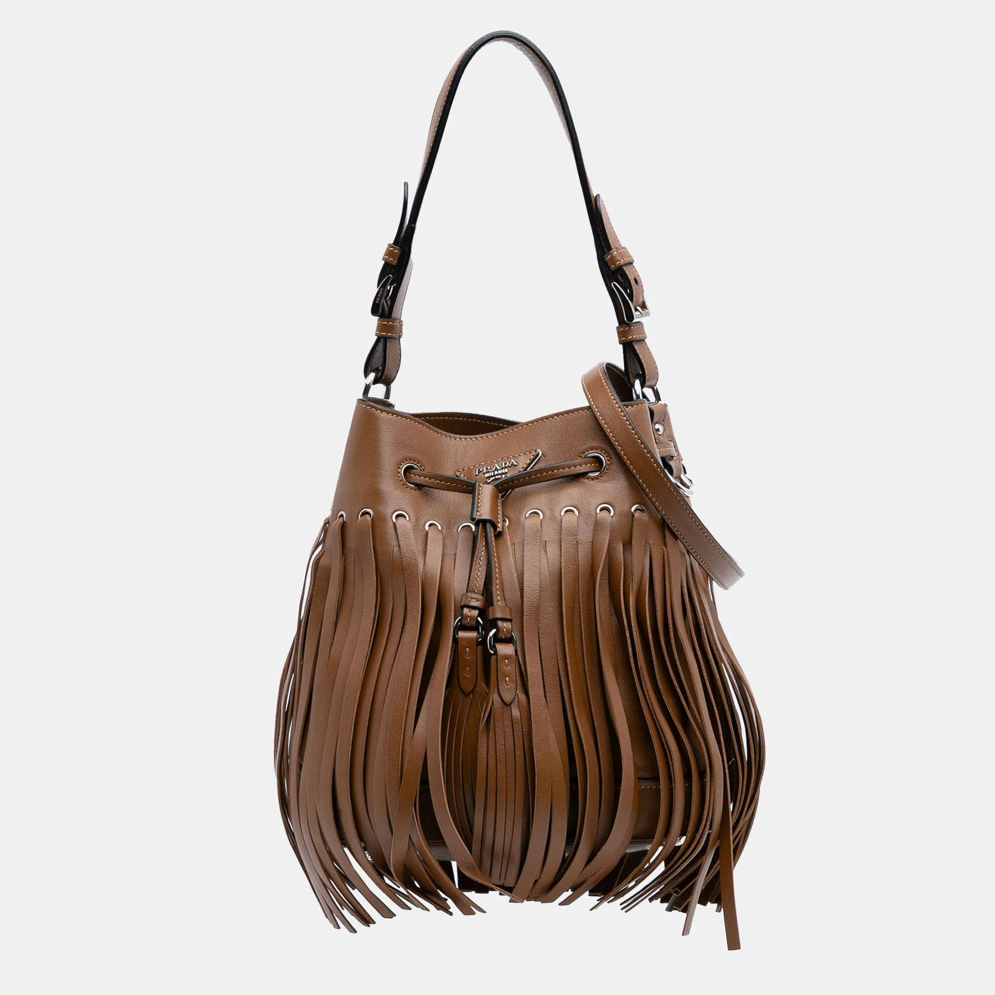 

Prada Brown Soft Calf Fringe Bucket Bag