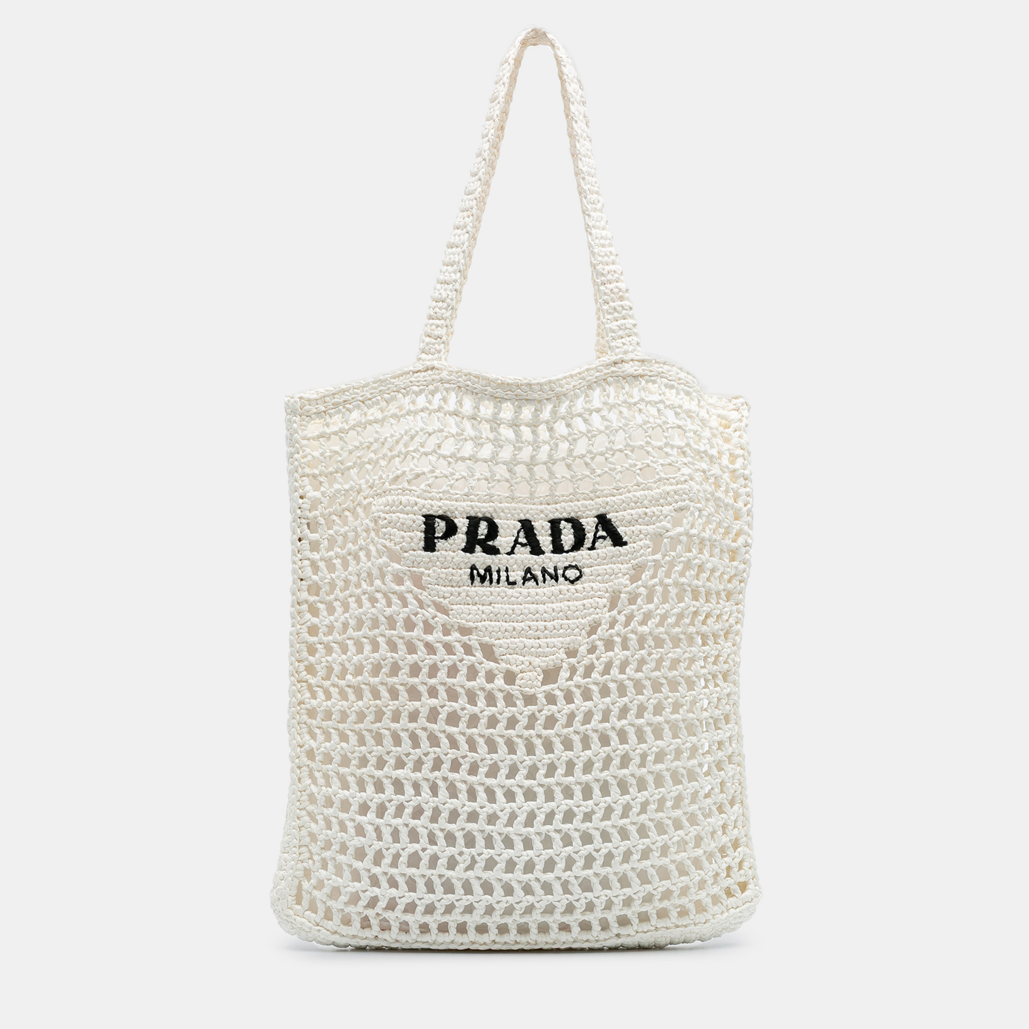 Pre-owned Prada White Raffia Effect Crochet Logo Embroidered Tote