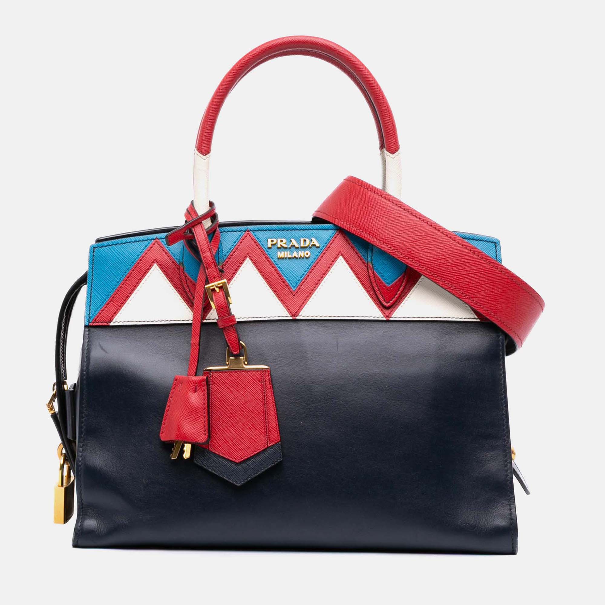 

Prada Navy Blue Medium Saffiano Trimmed City Calf Greca Esplanade Satchel