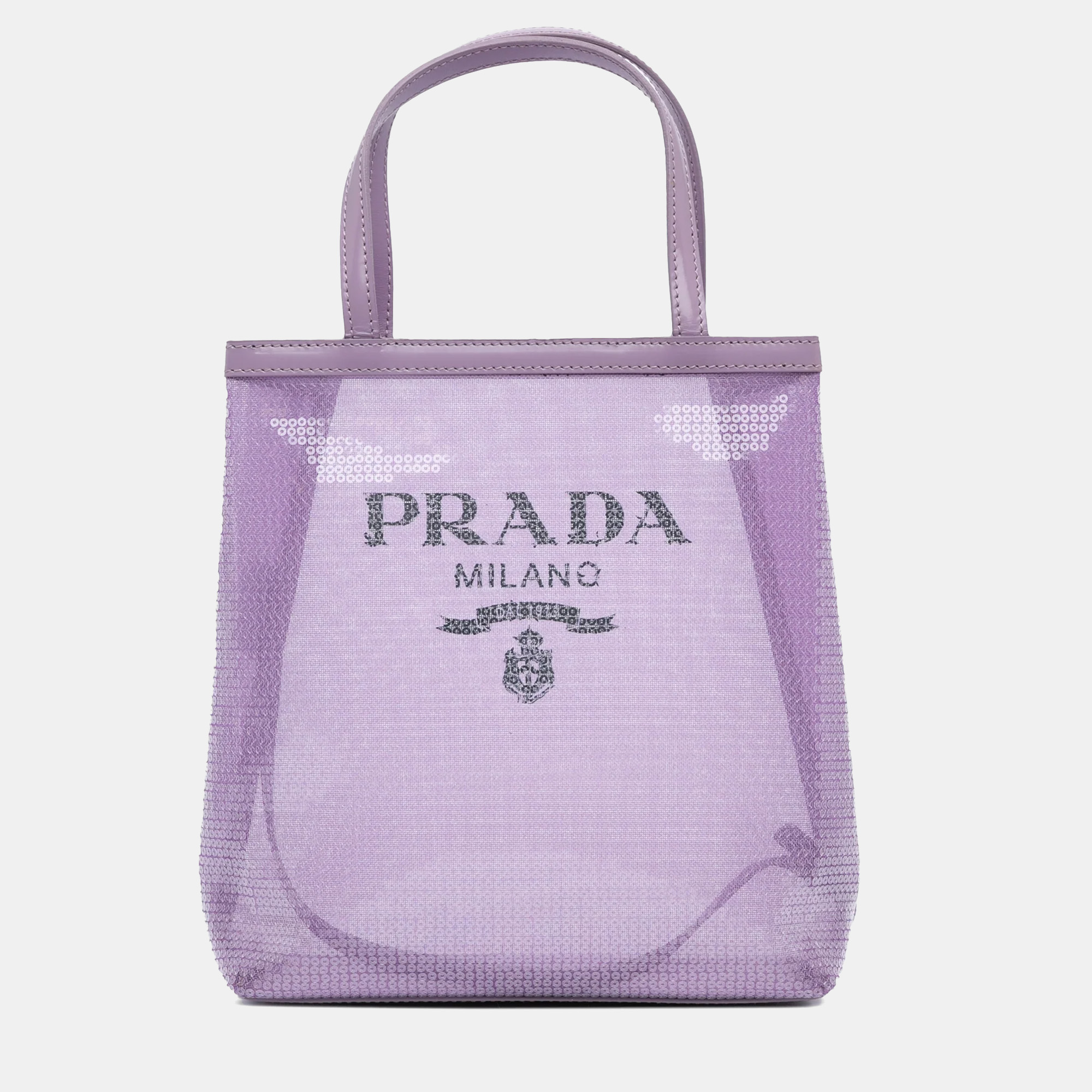 Pre-owned Prada Small Purple Sequined Mesh Logo Tote Bag