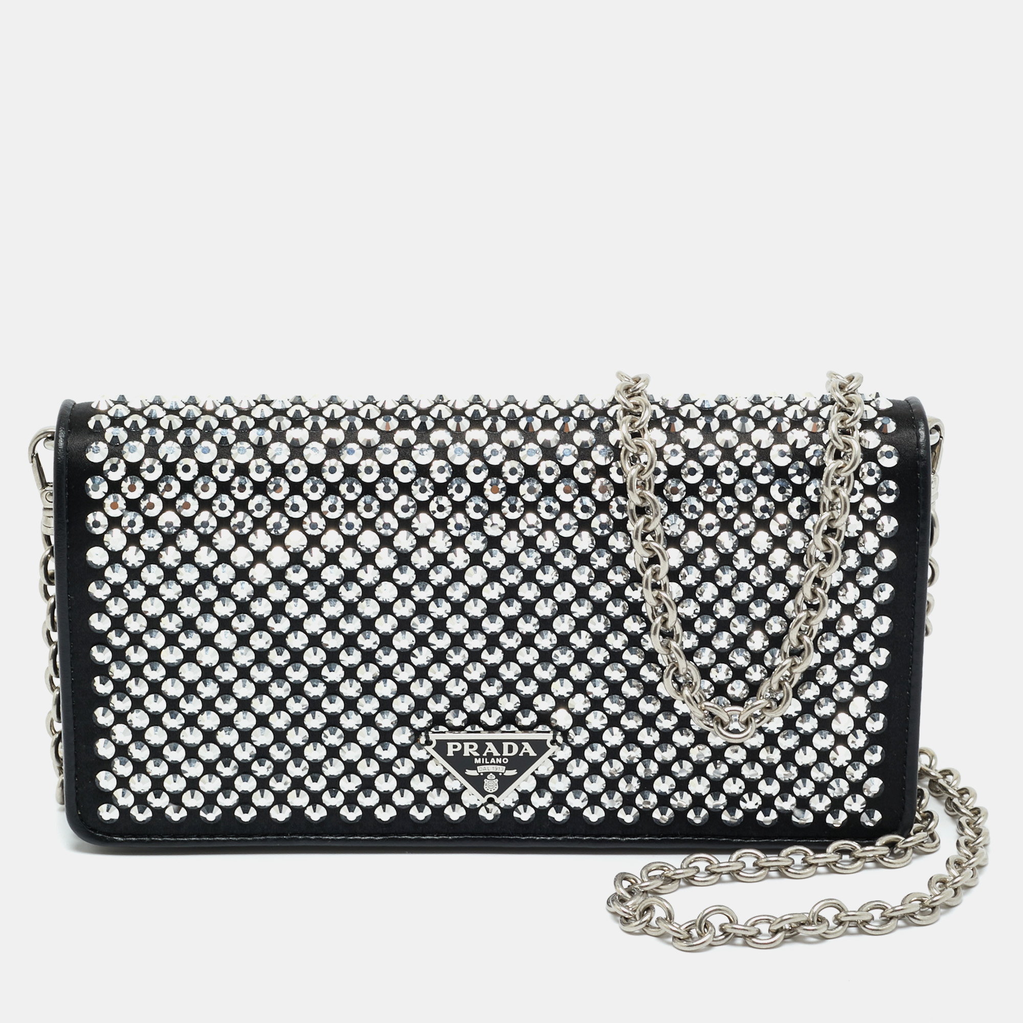 

Prada Black Satin Crystal Embellished Wallet on Chain