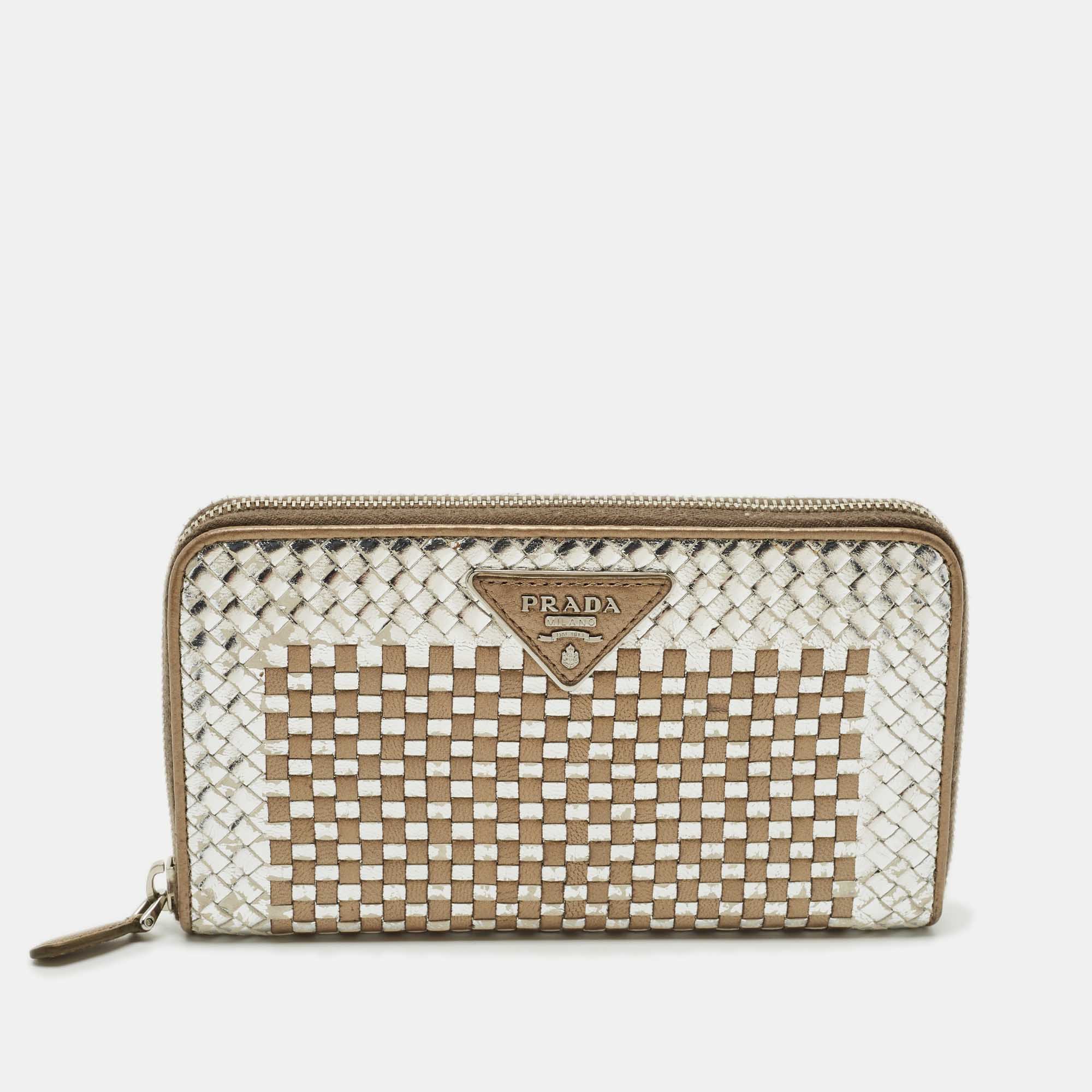 

Prada Silver/Gold Woven Madras Leather Zip Continental Wallet