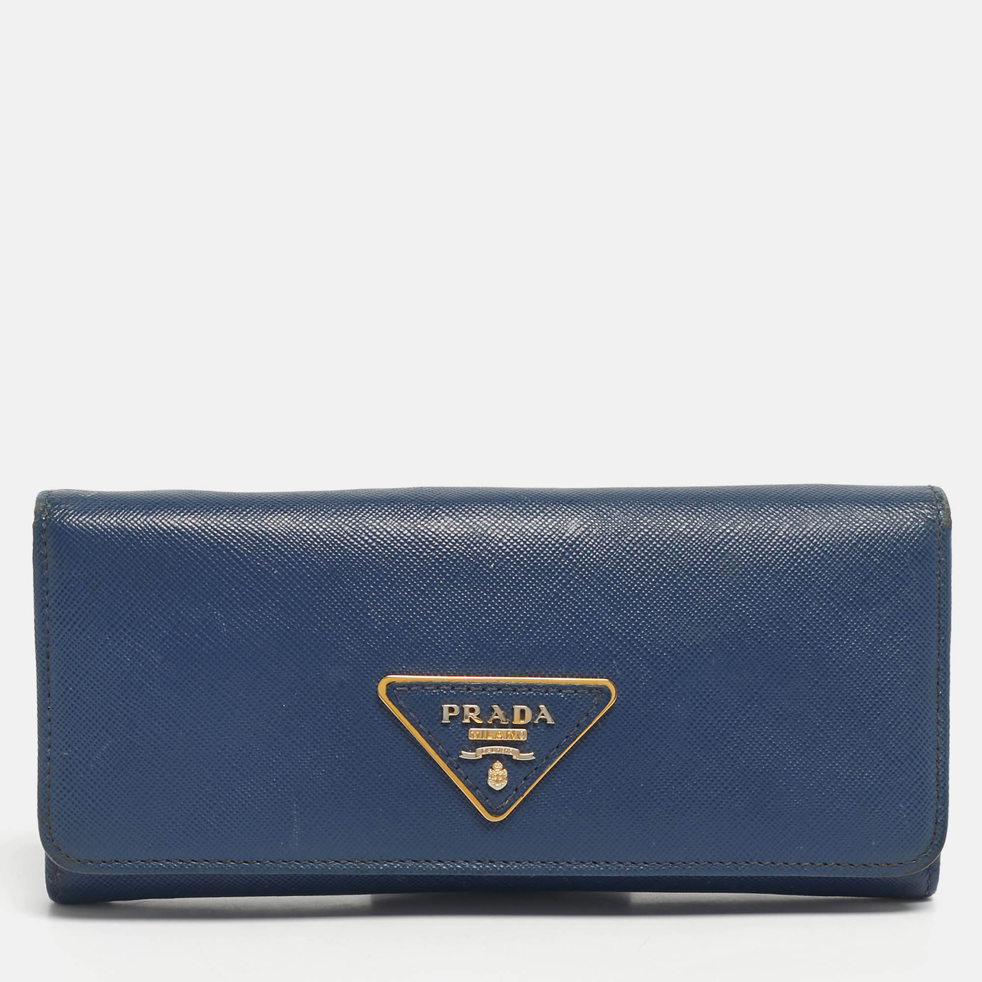 Pre-owned Prada Navy Blue Saffiano Metal Leather Triangle Logo Flap Continental Wallet