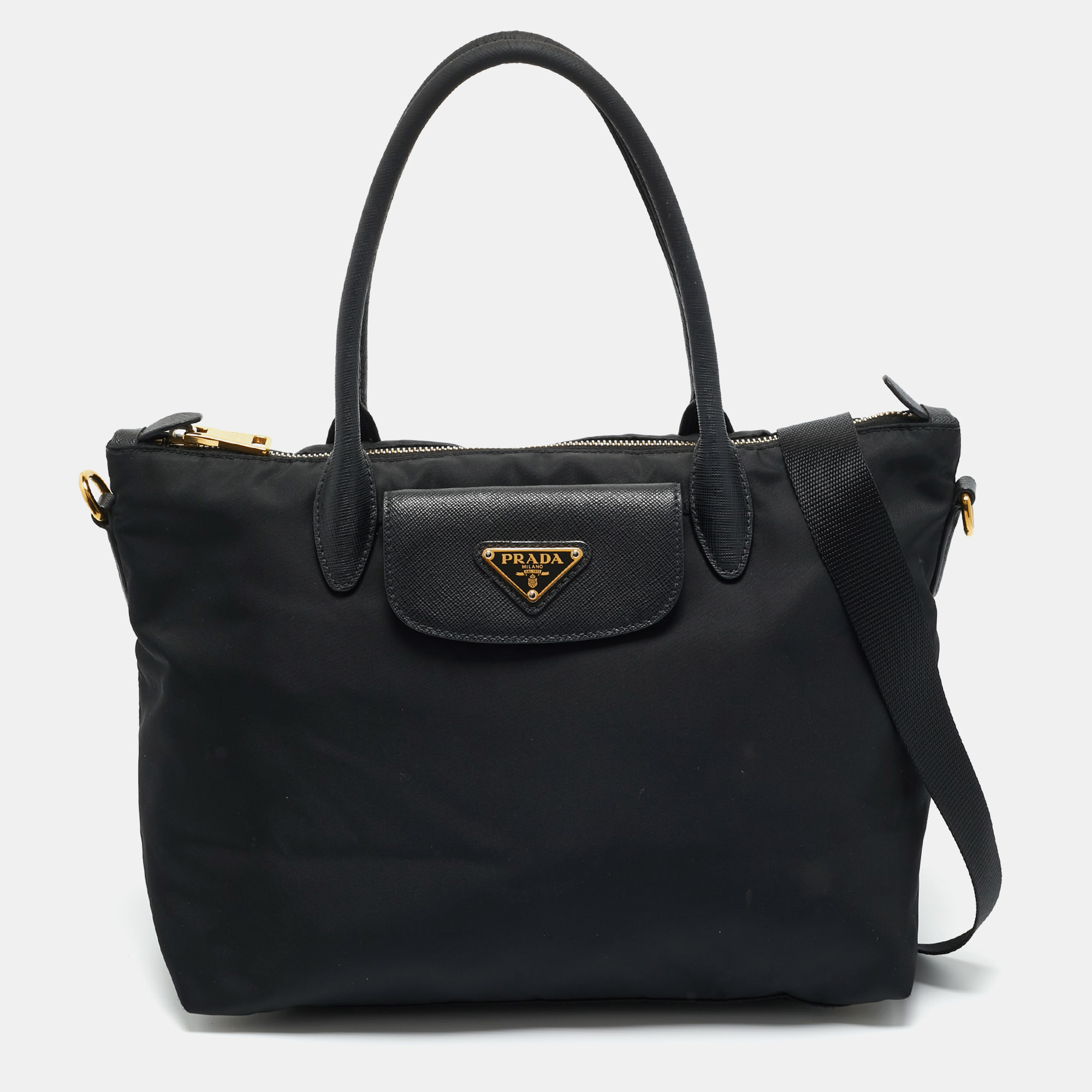 

Prada Black Saffiano Leather and Nylon Front Pocket Tote