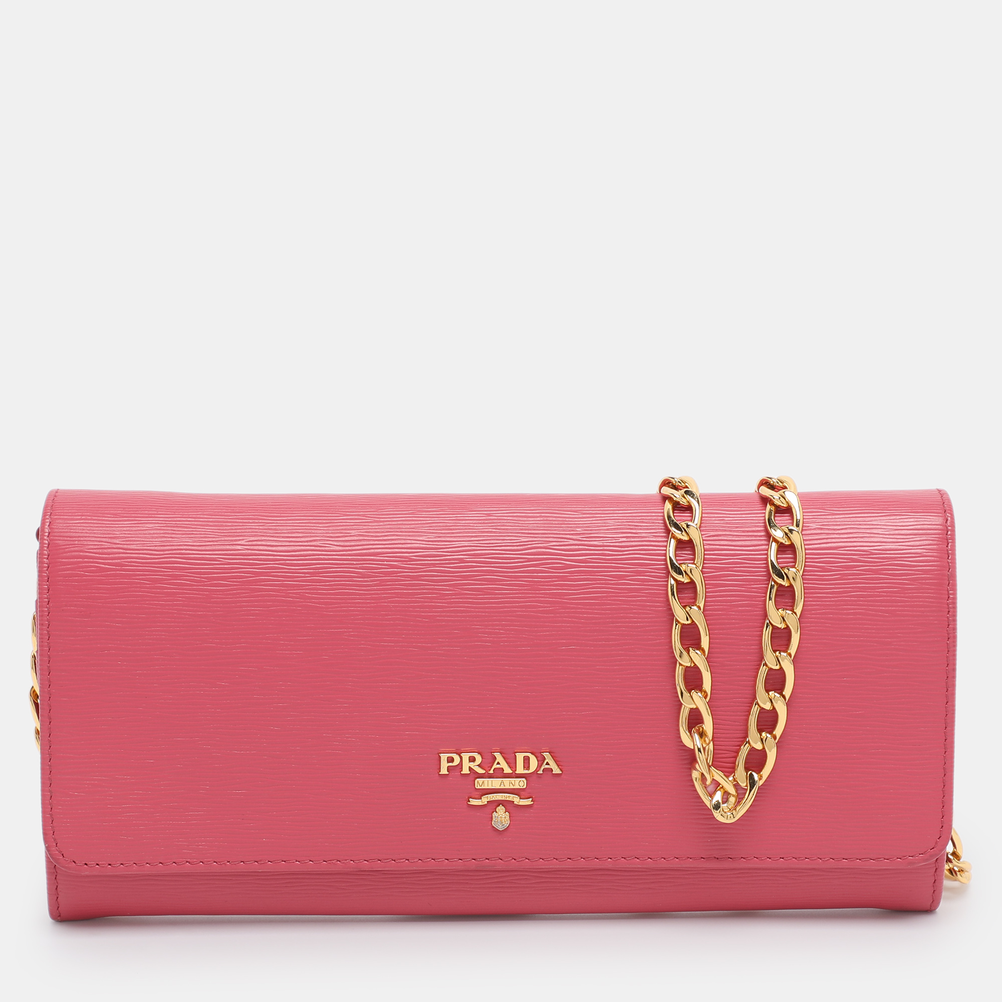 Pre-owned Prada Pink Vitello Move Leather Logo Flap Wallet On Chain
