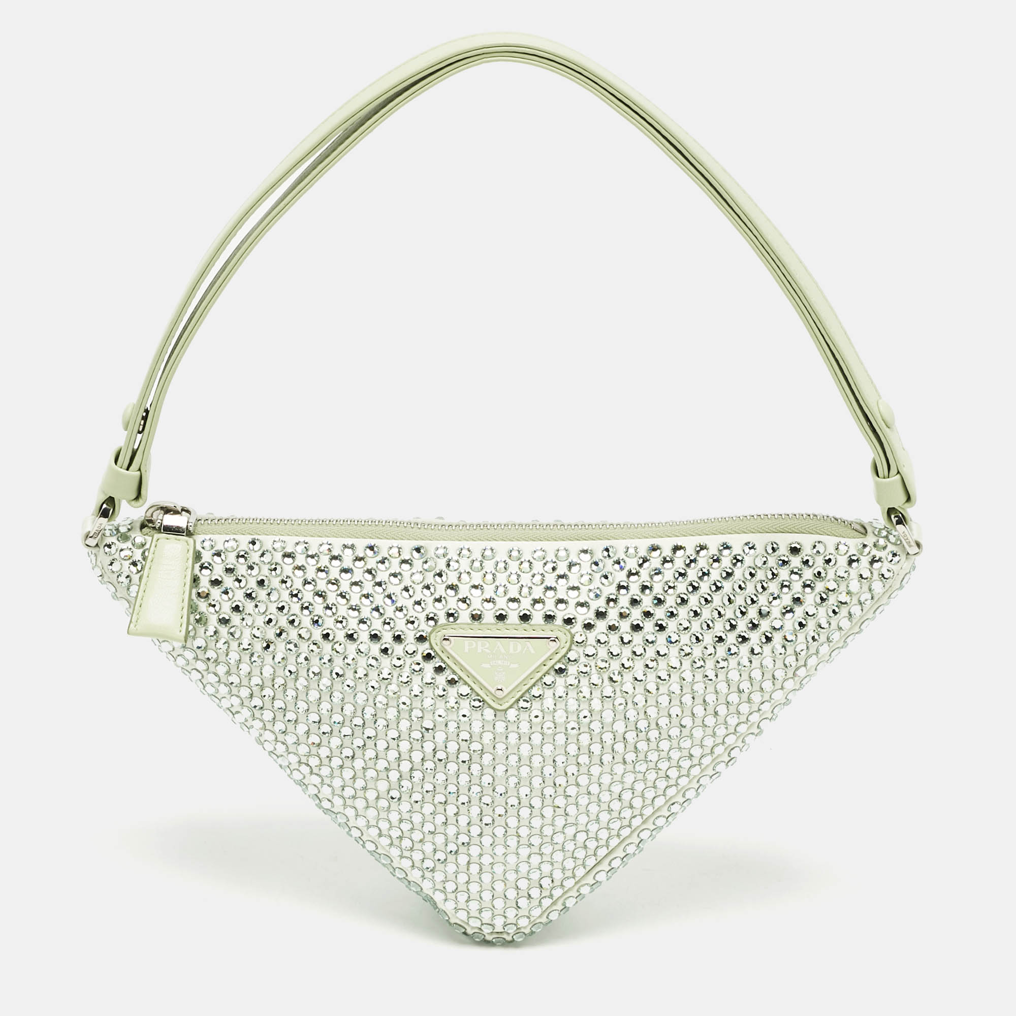 

Prada Mint Green Satin Crystal Studded Triangle Shoulder Bag