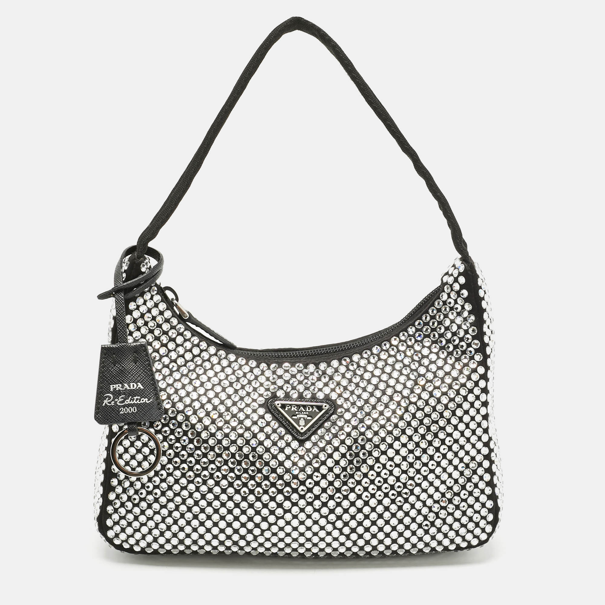 Pre-owned Prada Black Satin Crystals Re-edition 2000 Shoulder Bag
