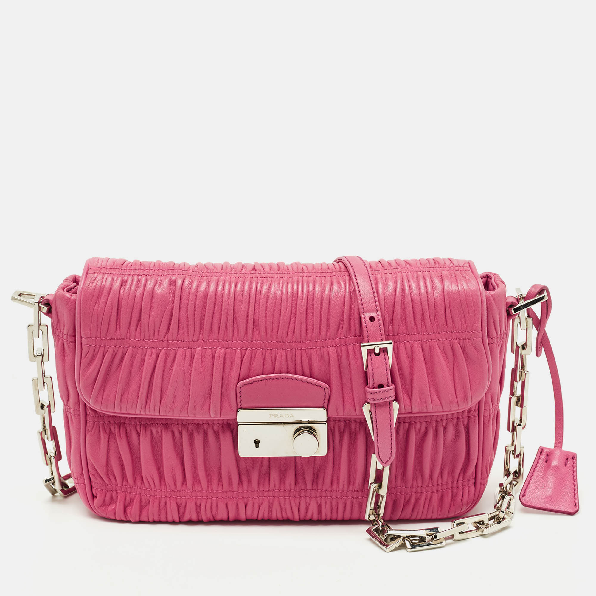 

Prada Fuchsia Nappa Gaufre Leather Flap Shoulder Bag, Pink