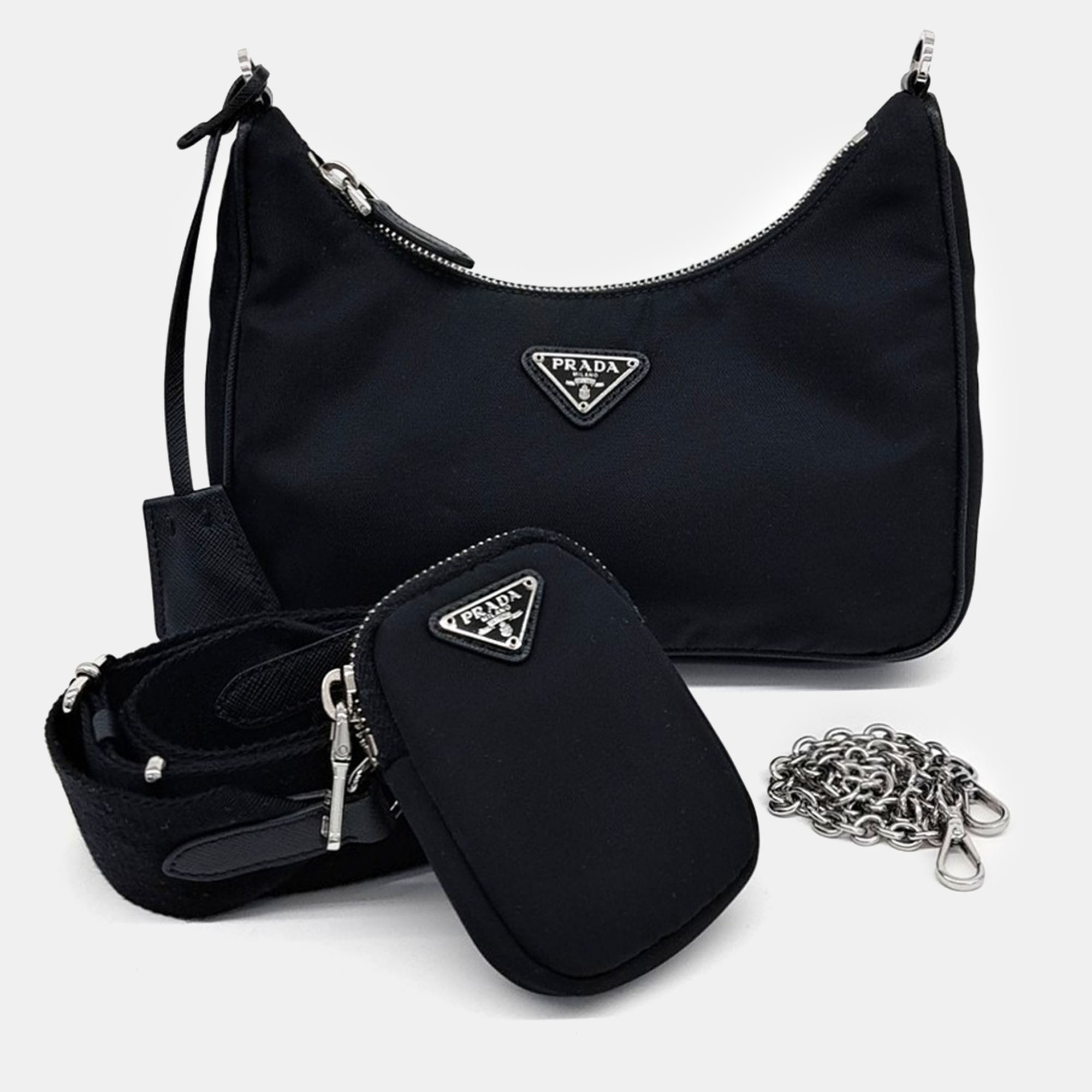 

Prada Black Nylon Tessuto Chain Strap Hobo Bag