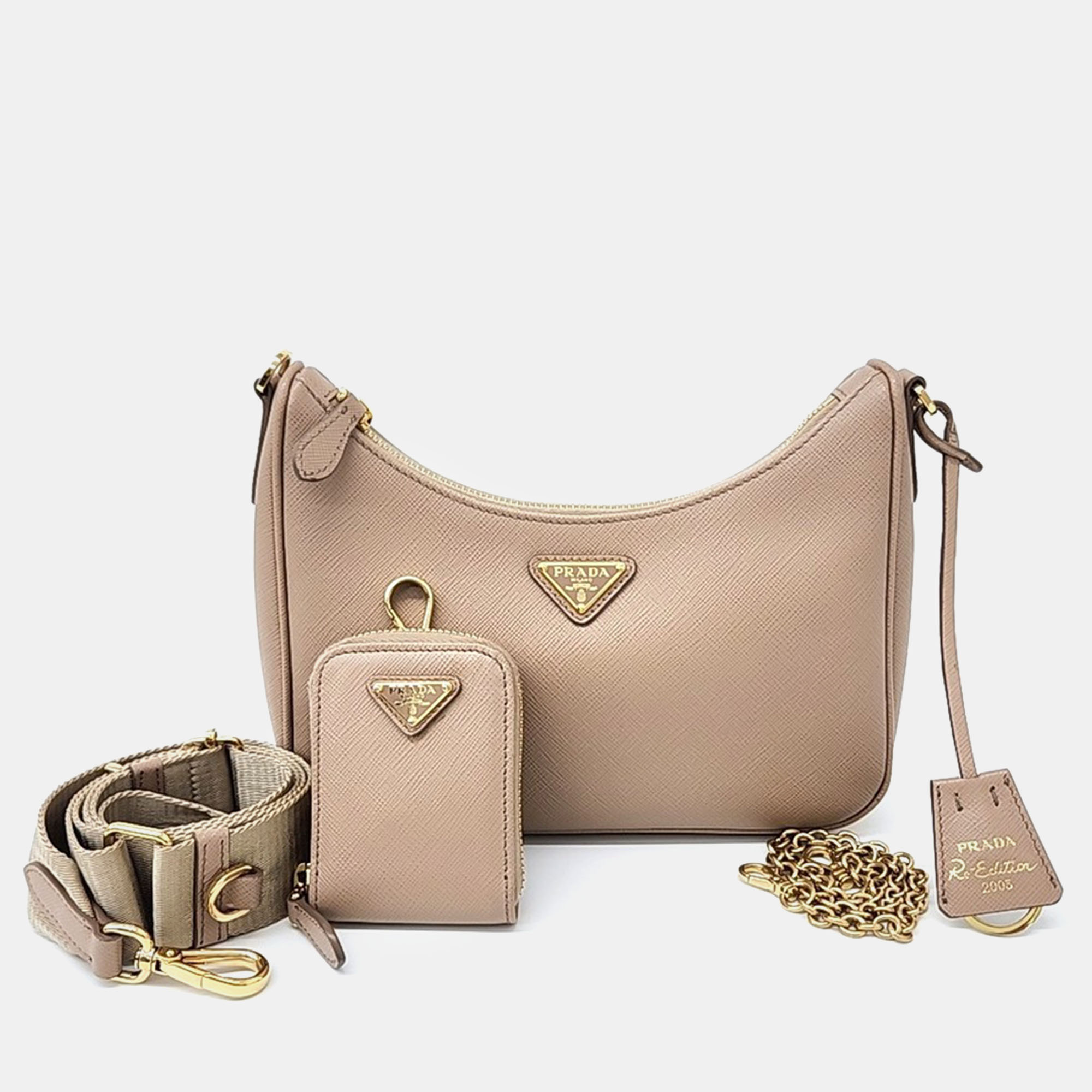 

Prada Beige Leather Saffiano Luxe Chain Hobo Bag