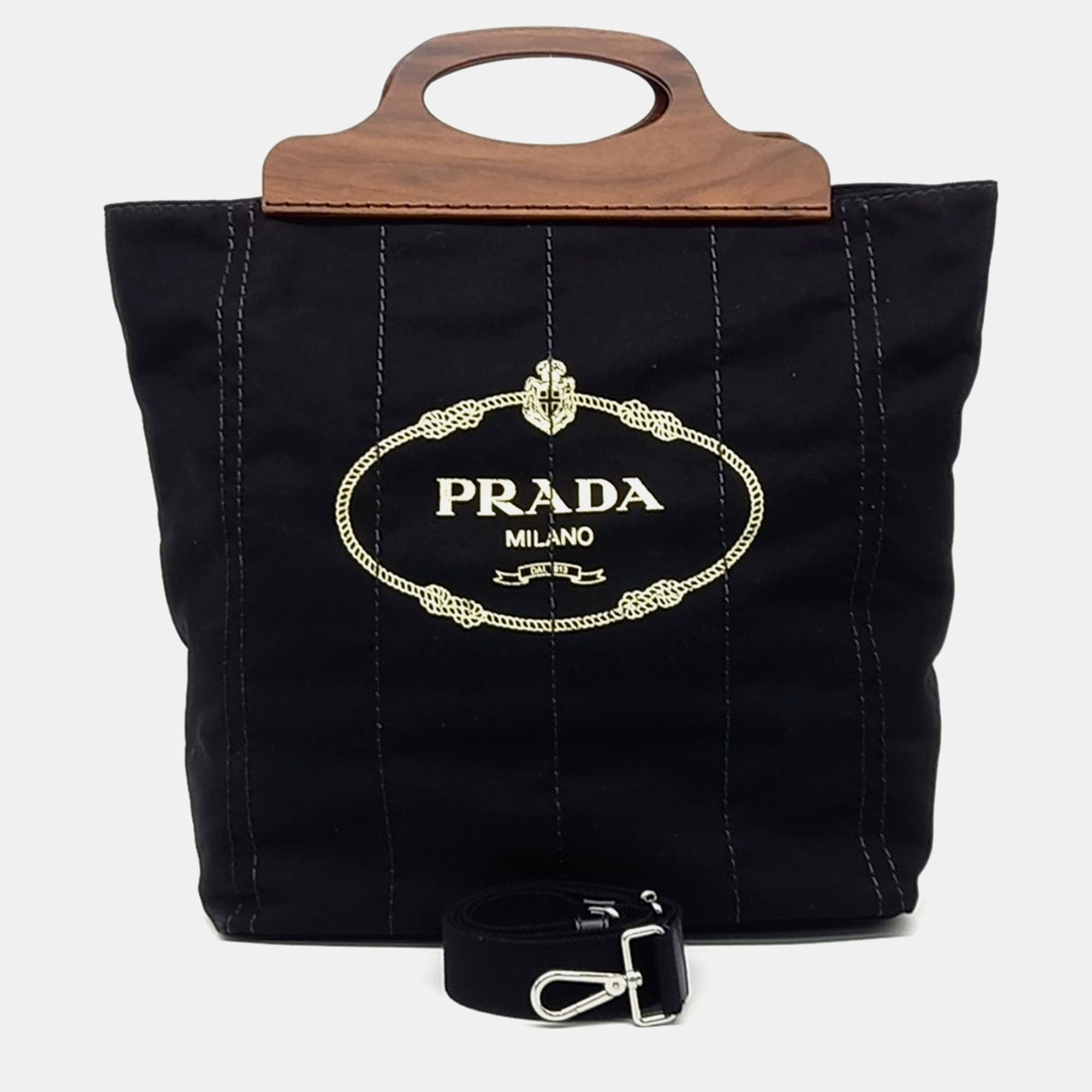 

Prada Black Brown Canvas Canappa Legno Shopper Bag