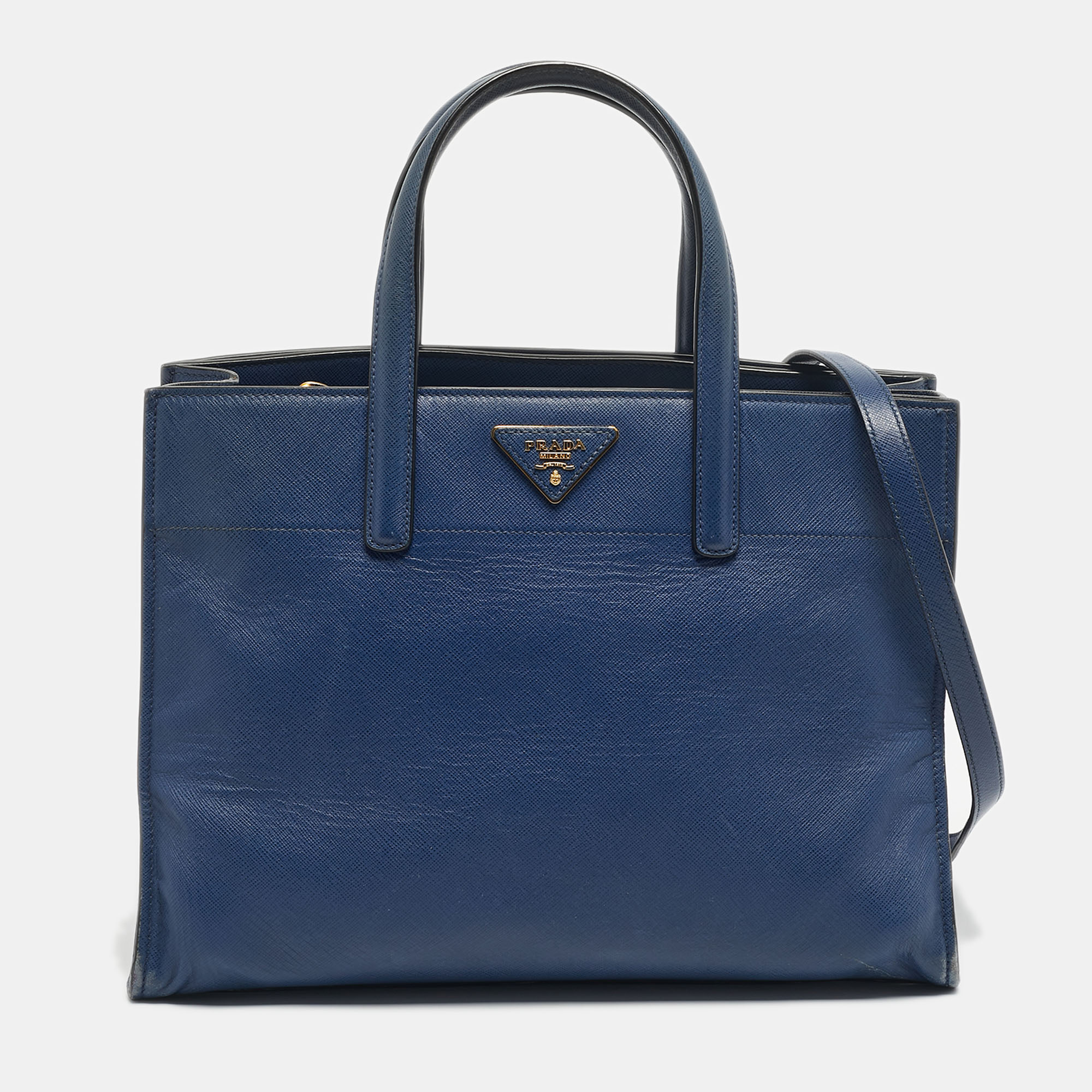 

Prada Navy Blue Saffiano Cuir Leather Triple Pocket Tote
